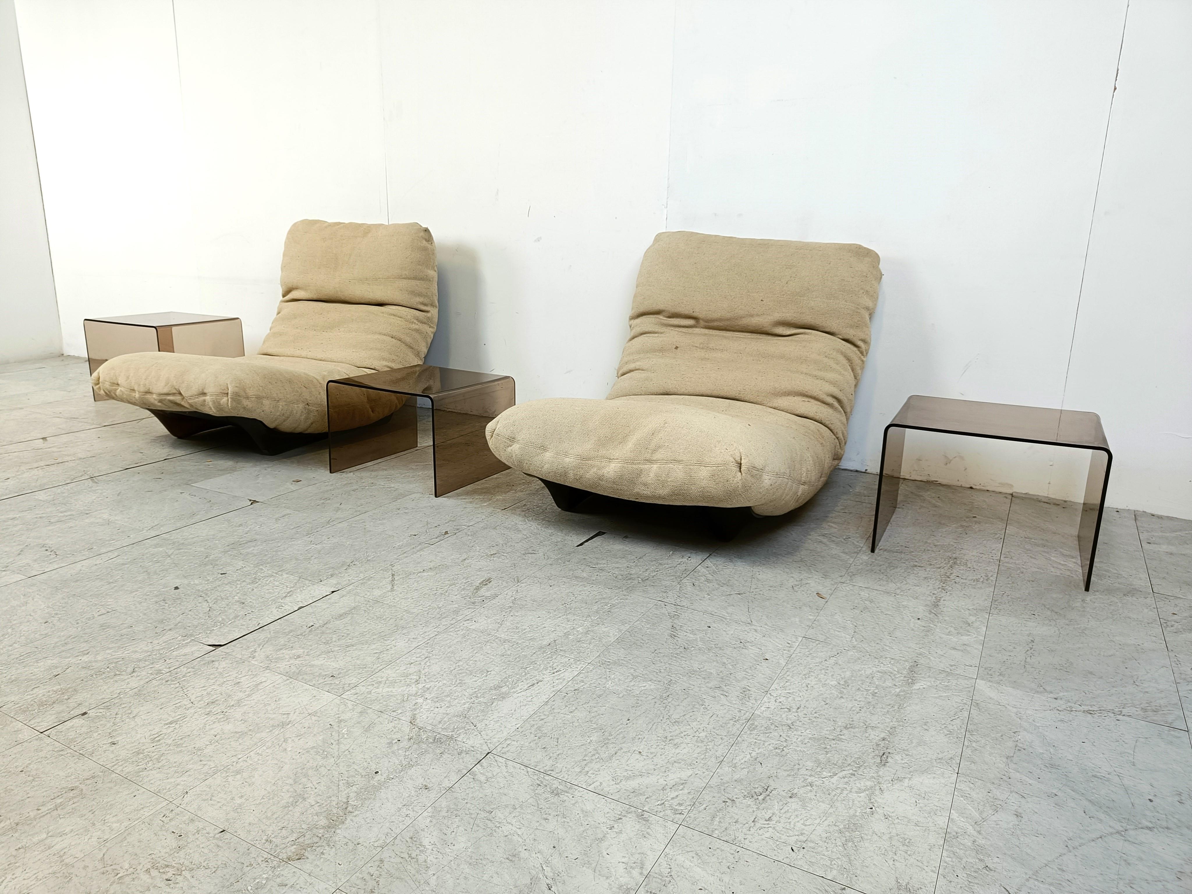 Pair of Marsala lounge chairs with matching tables by Michel Ducaroy  2