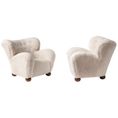 Vintage Pair of Marta Blomstedt 1930s Sheepskin Wing Chairs for The Hotel Aulanko