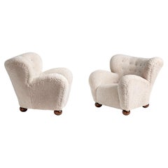 Vintage Pair of Marta Blomstedt 1930s Sheepskin Wing Chairs for the Hotel Aulanko