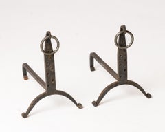 Pair of "Martelé" Wrought Iron Andirons with Rings - France 1970s