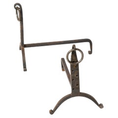 Pair of "Martelé" Wrought Iron Andirons with Rings - France 1970s