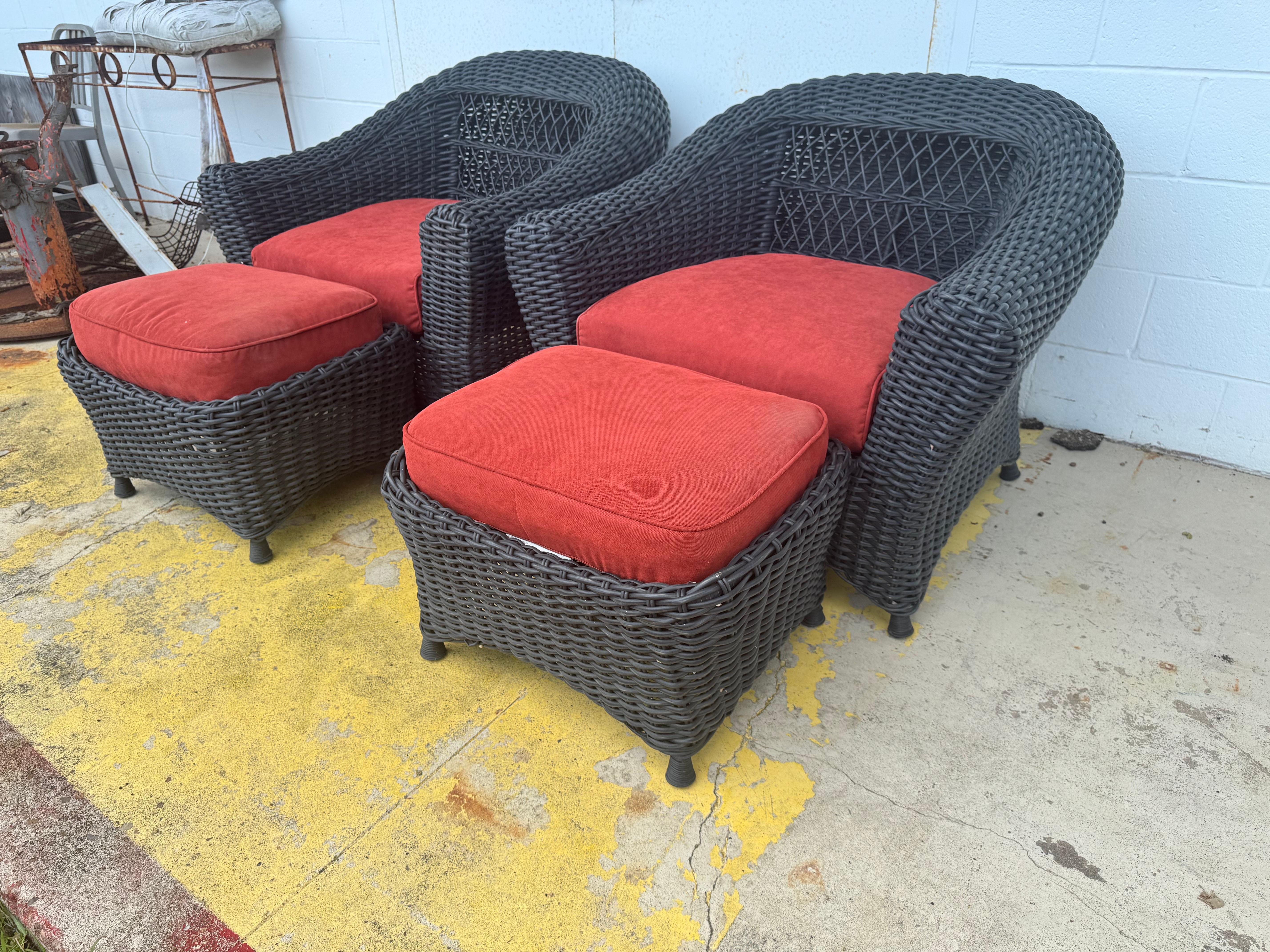 Hollywood Regency Pair of Martha Stewart Wicker Lounge Chairs and Ottomans For Sale