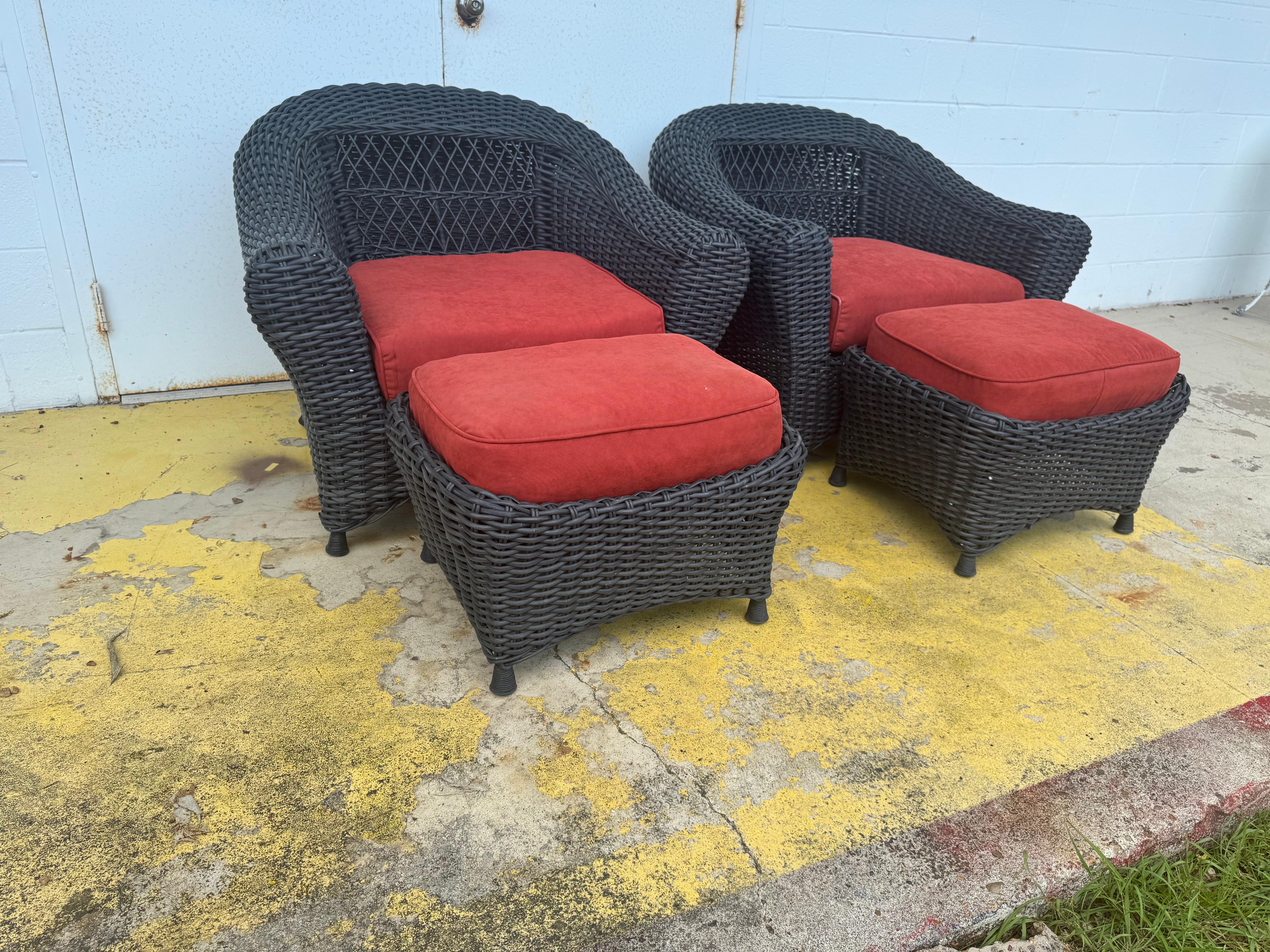 Bamboo Pair of Martha Stewart Wicker Lounge Chairs and Ottomans For Sale