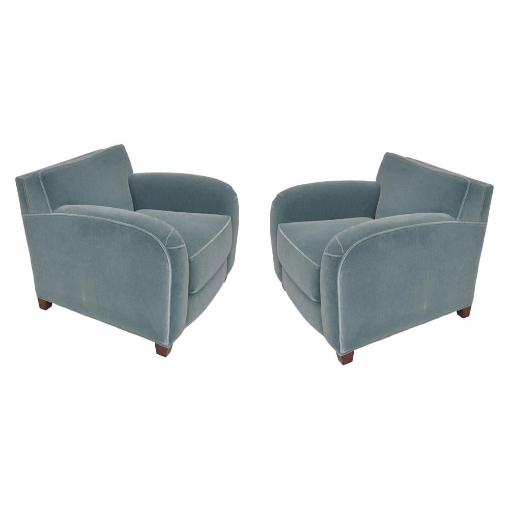 Pair of Martin Brattrud Blue Imperial Mohair Lounge Chairs