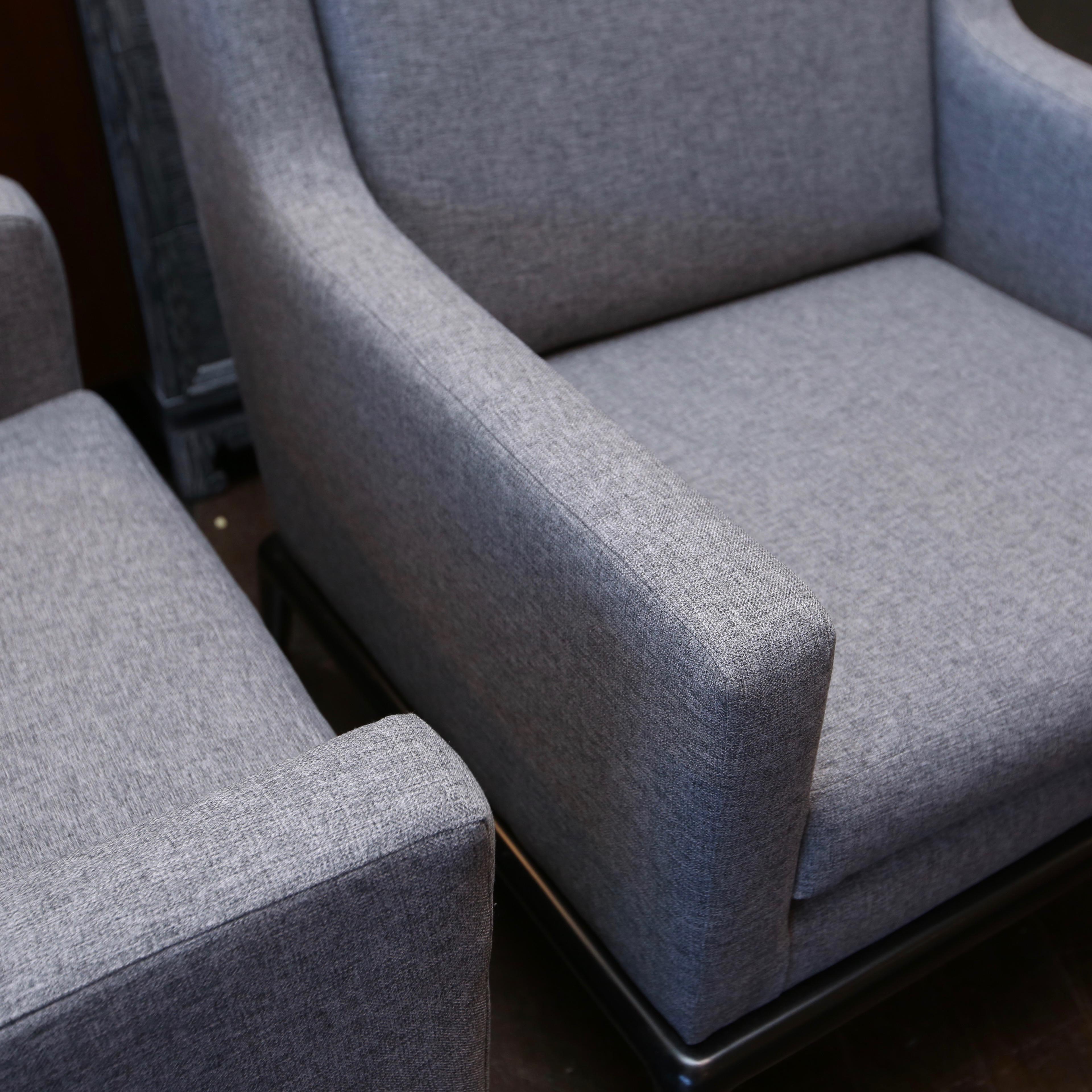 1980s era chairs that have just been reupholstered in nice grey linen.
