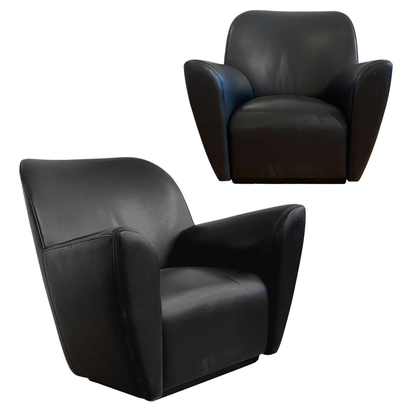 Pair of Martin Linder for Design America Post-Modern Black Leather Club Chairs