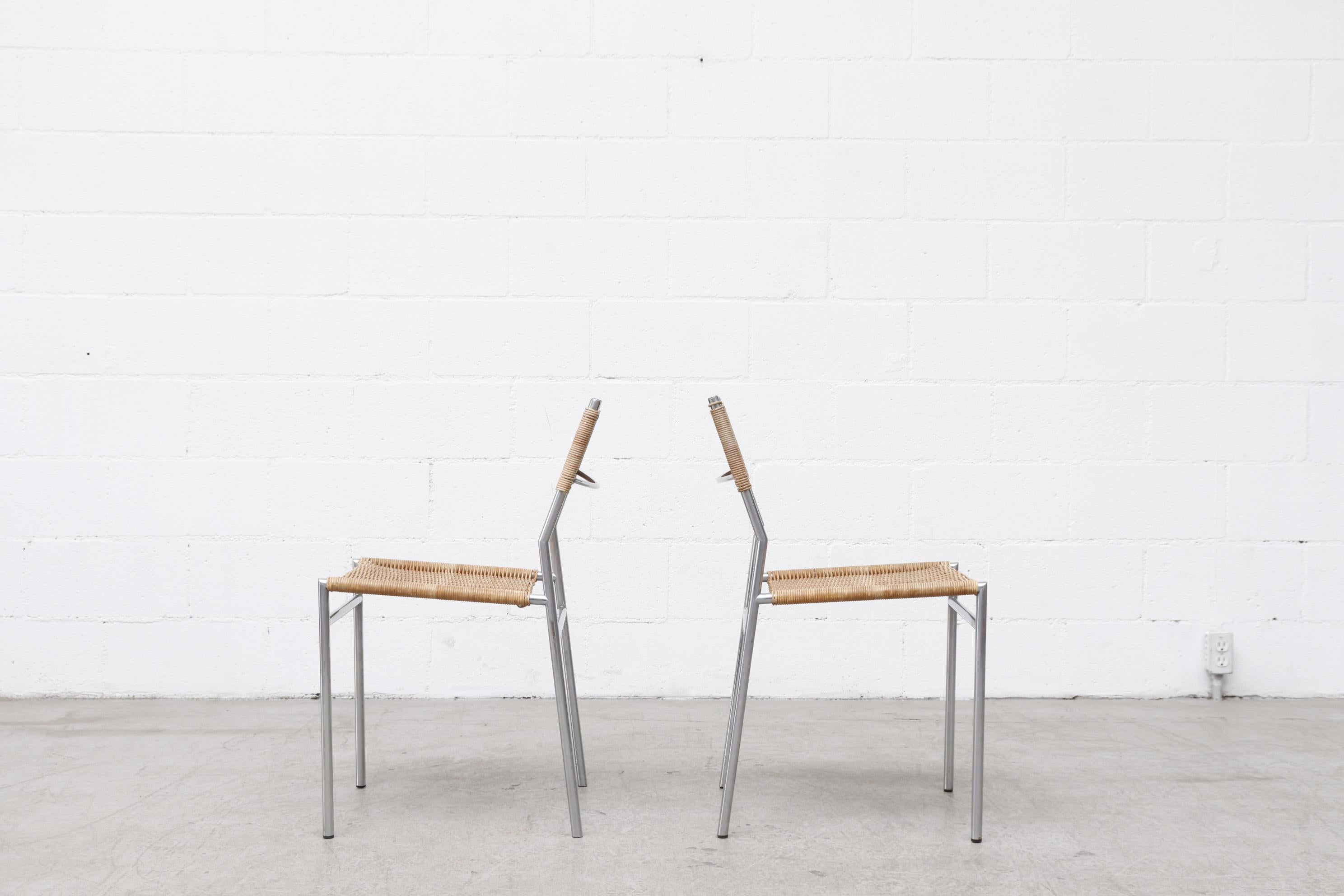 Mid-Century Modern Pair of Martin Visser Chrome and Wicker Side Chairs for t'Spectrum