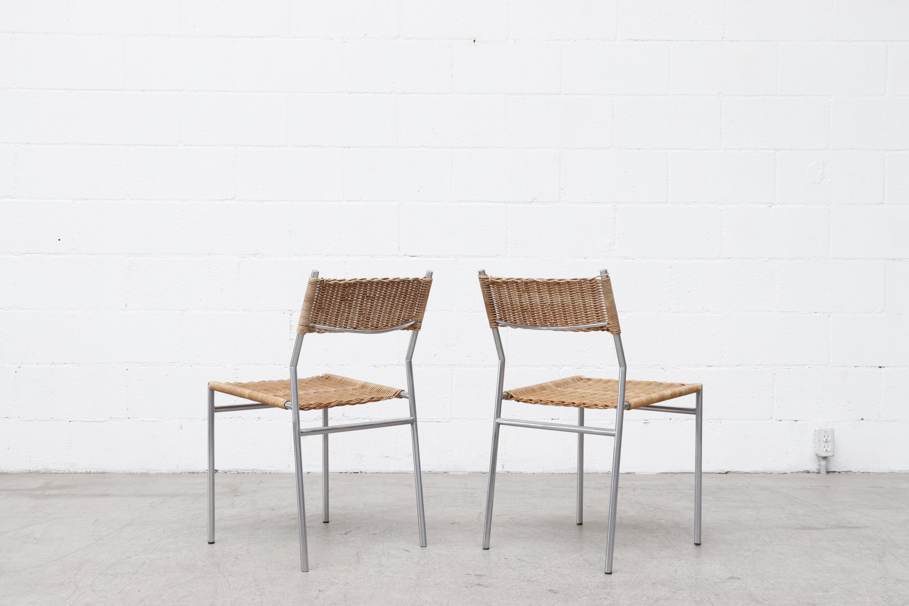 Dutch Pair of Martin Visser Chrome and Wicker Side Chairs for t'Spectrum