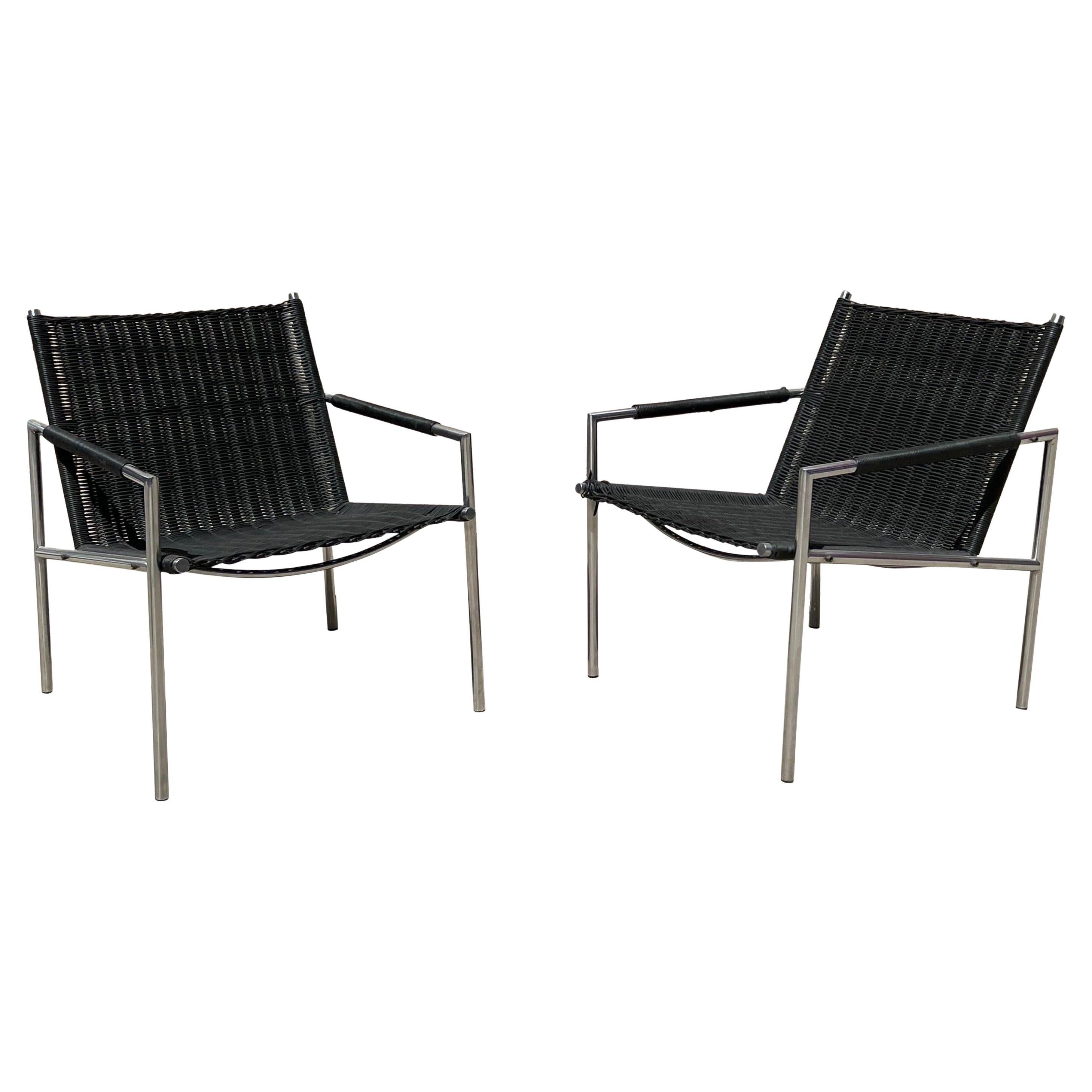 Pair of Martin Visser Danish SZ01 Lounge Chairs Cane and Steel Mid Century For Sale