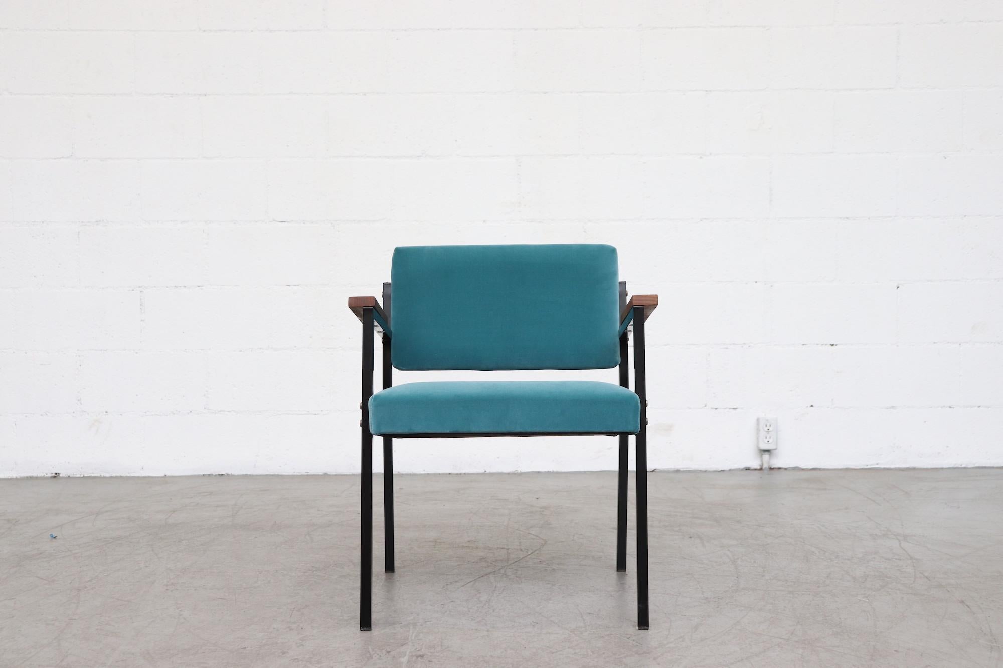 Pair of newly upholstered Martin Visser style velvet lounge chairs. With newly powder-coated black metal frames and solid teak arm rests. In good original condition with minimal visible signs of wear. Sold as pair. Sets available in aqua, cobalt and