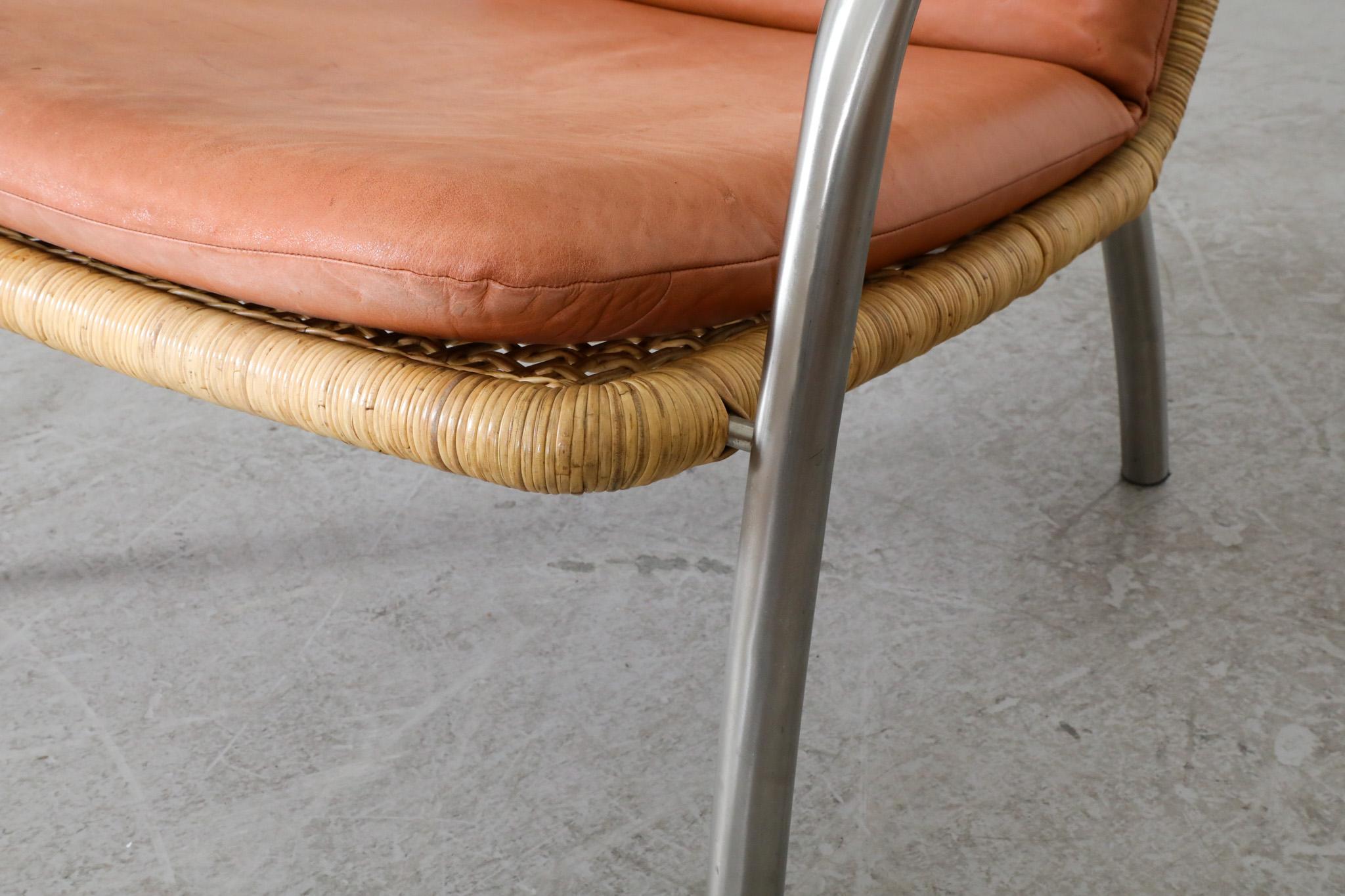 Paar Loungesessel im Martin Visser-Stil aus Chrom, Rattan und Terrakotta-Leder im Angebot 11