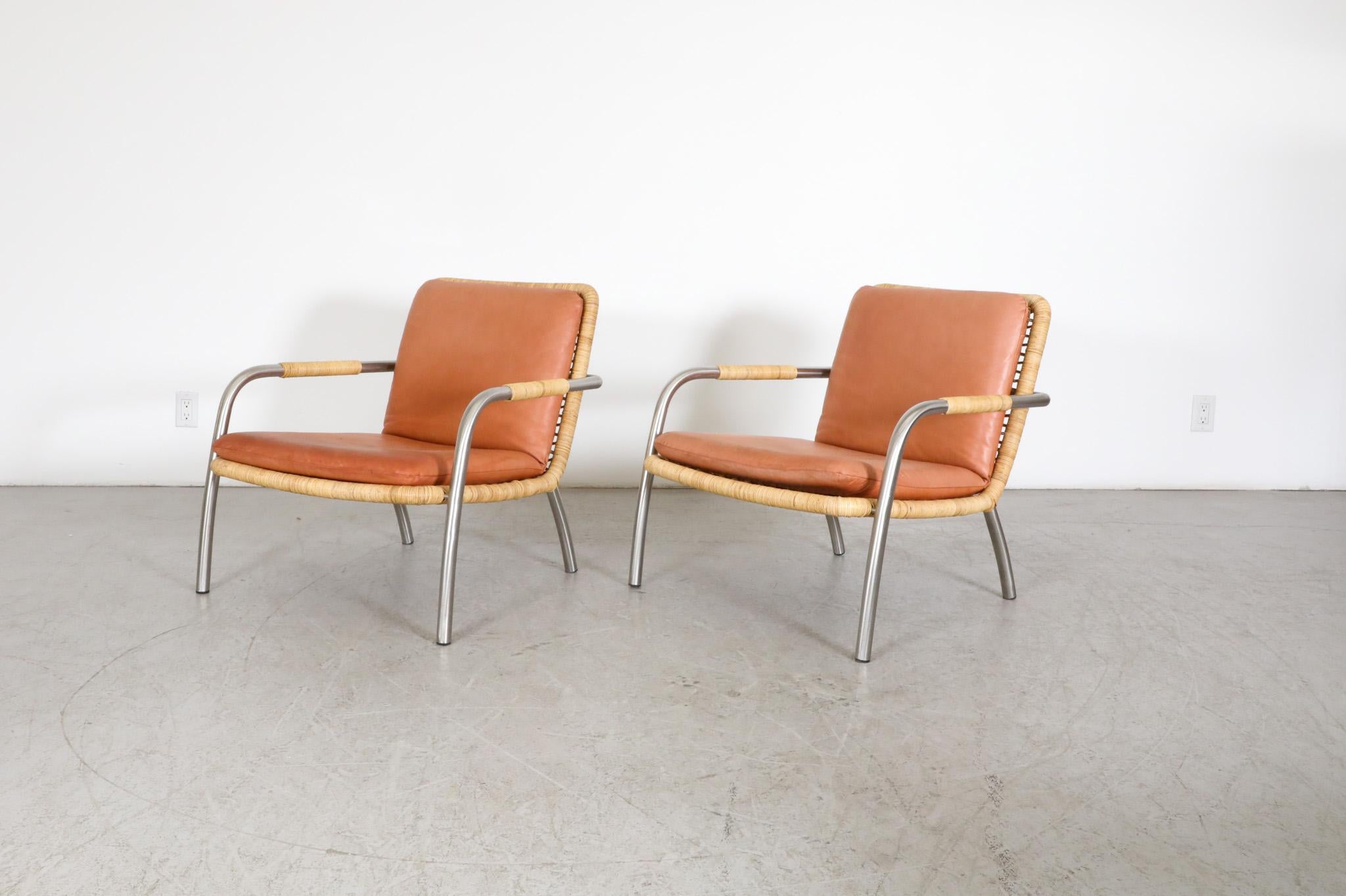 Mid-Century Modern Pair of Martin Visser Style Chrome, Rattan and Terracotta Leather Lounge Chairs For Sale