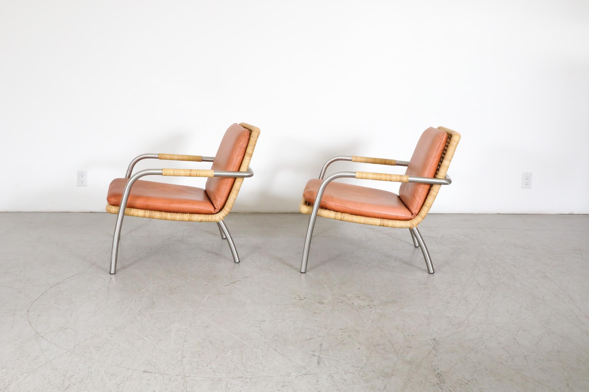 Dutch Pair of Martin Visser Style Chrome, Rattan and Terracotta Leather Lounge Chairs For Sale