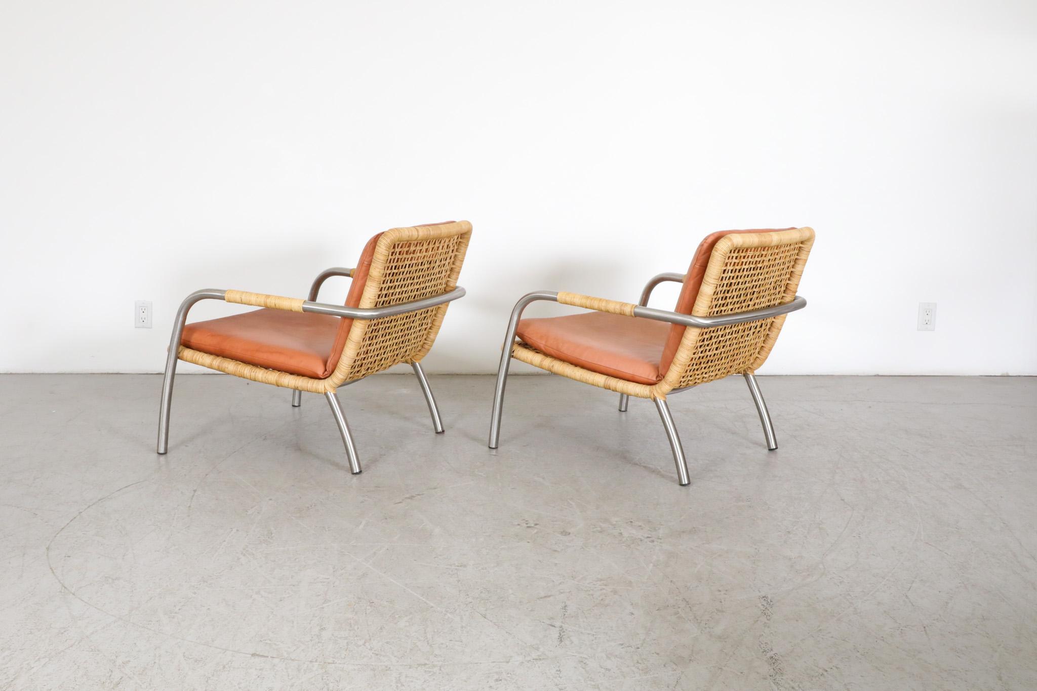 Pair of Martin Visser Style Chrome, Rattan and Terracotta Leather Lounge Chairs In Good Condition For Sale In Los Angeles, CA