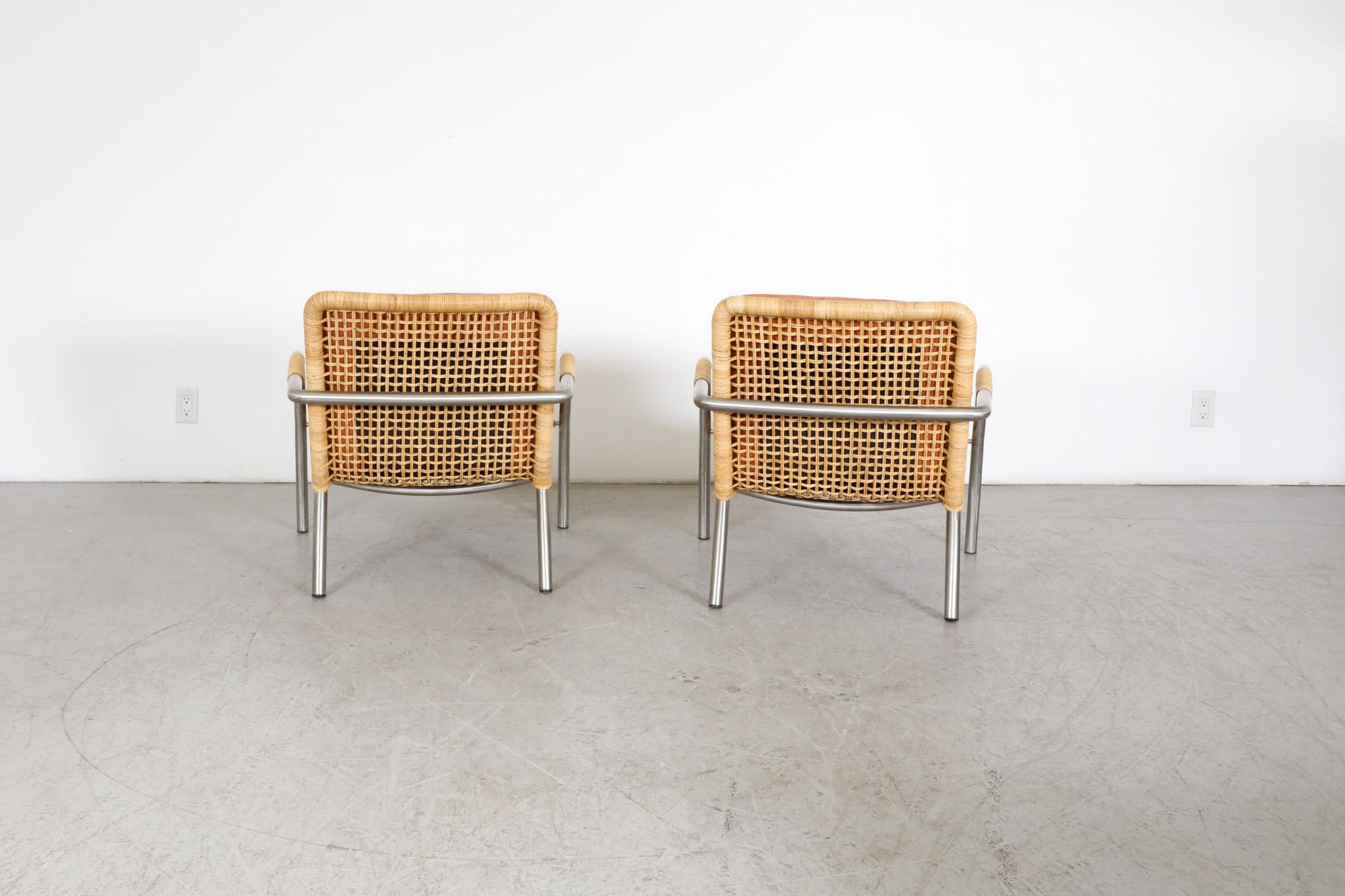 Mid-20th Century Pair of Martin Visser Style Chrome, Rattan and Terracotta Leather Lounge Chairs For Sale