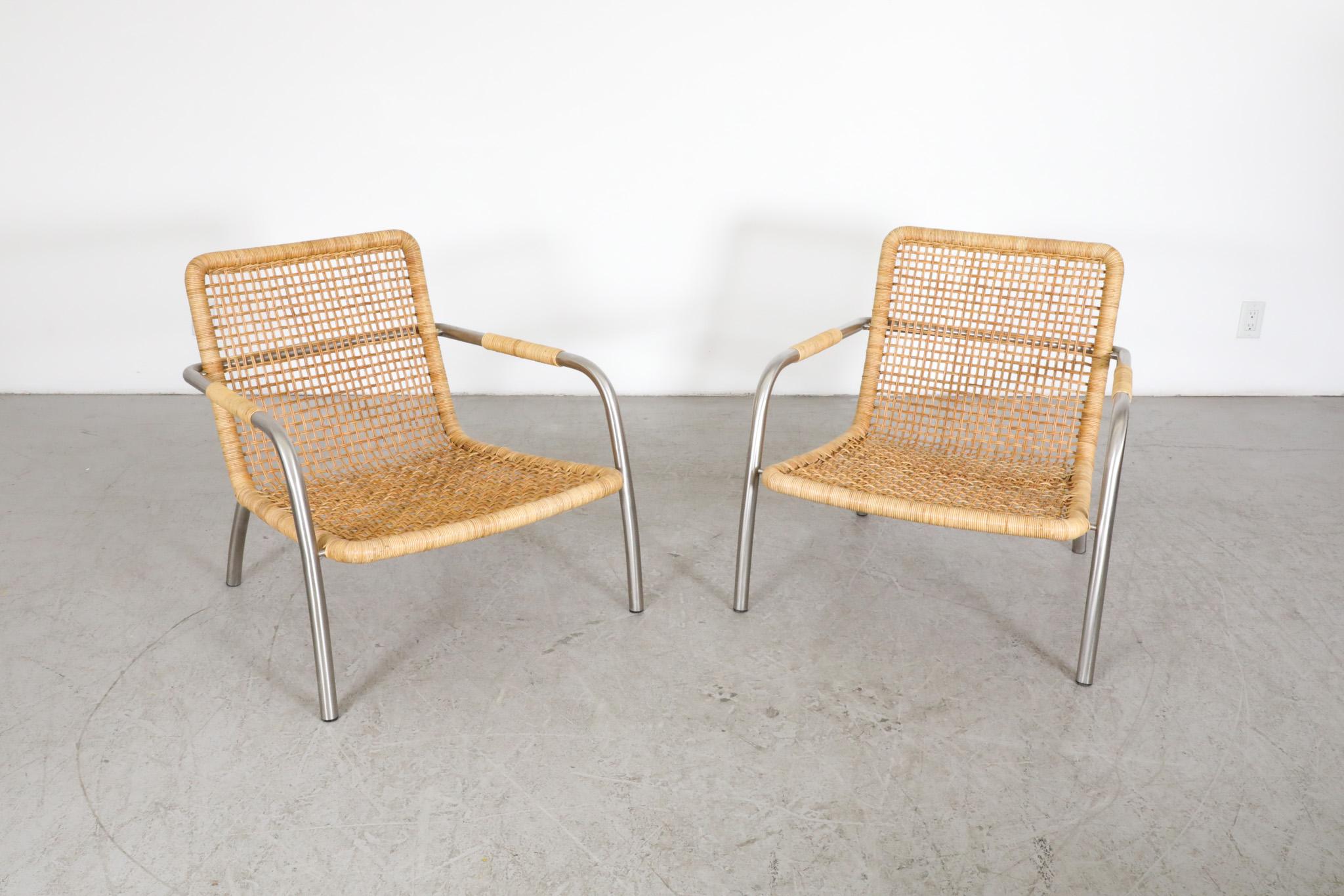 Metal Pair of Martin Visser Style Chrome, Rattan and Terracotta Leather Lounge Chairs For Sale