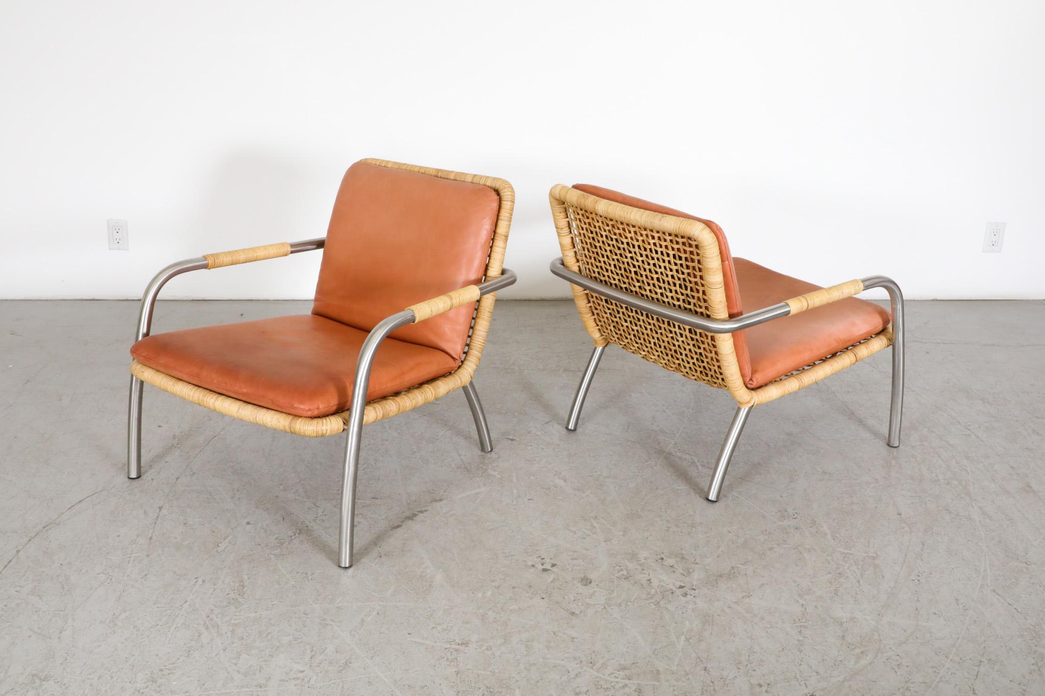 Pair of Martin Visser Style Chrome, Rattan and Terracotta Leather Lounge Chairs For Sale 1