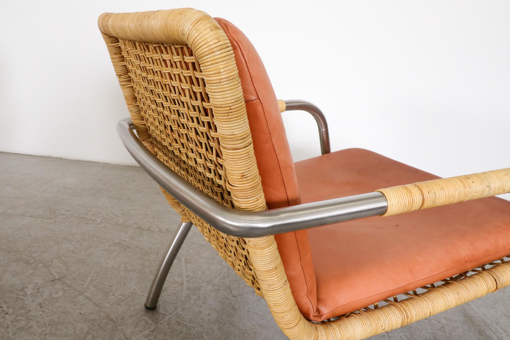 Pair of Martin Visser Style Chrome, Rattan and Terracotta Leather Lounge Chairs For Sale 2