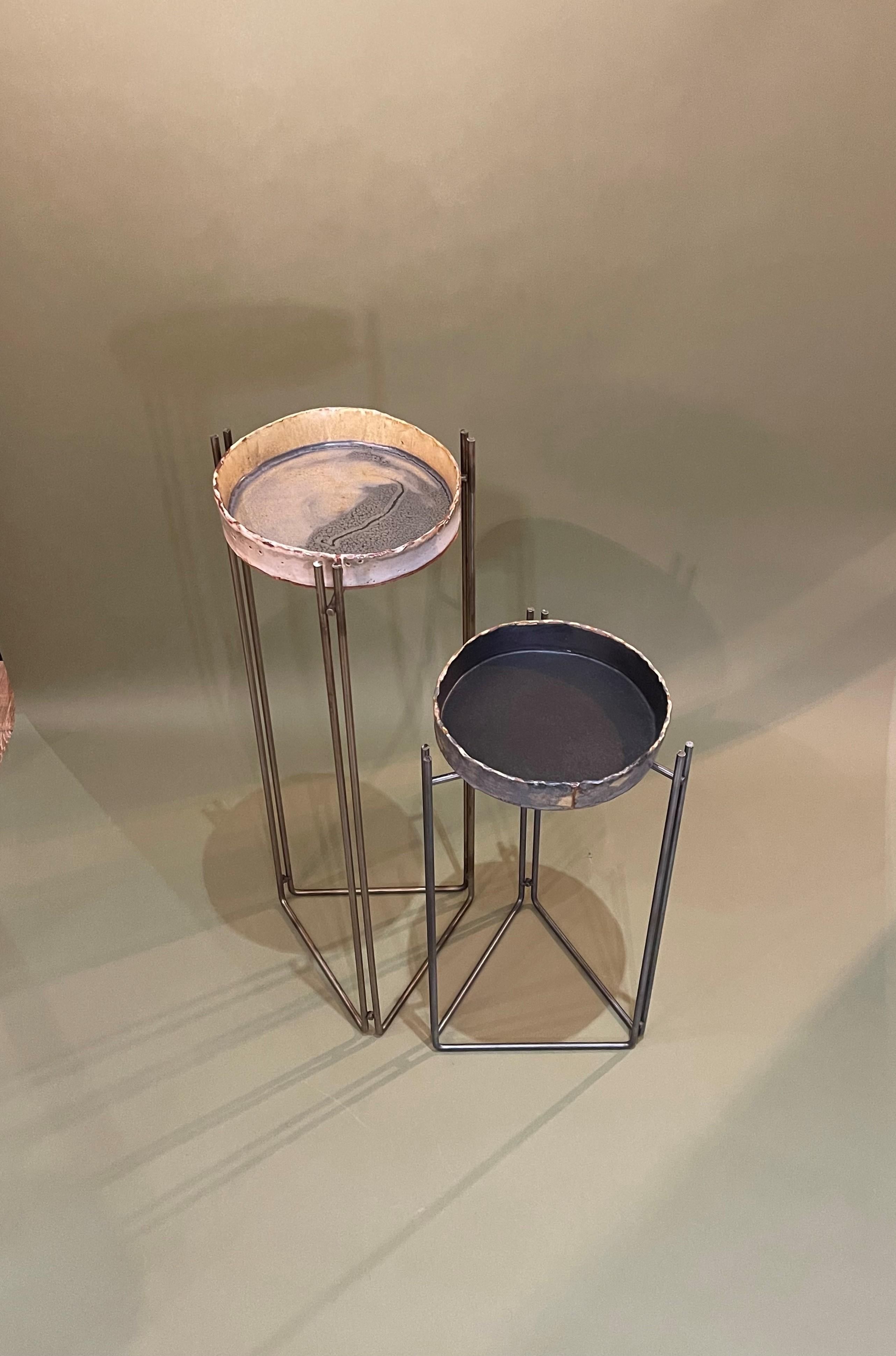 Post-Modern Pair of Martini Tables Ceramic Top & S Steel by Hannelore Freer and Filipe Ramos