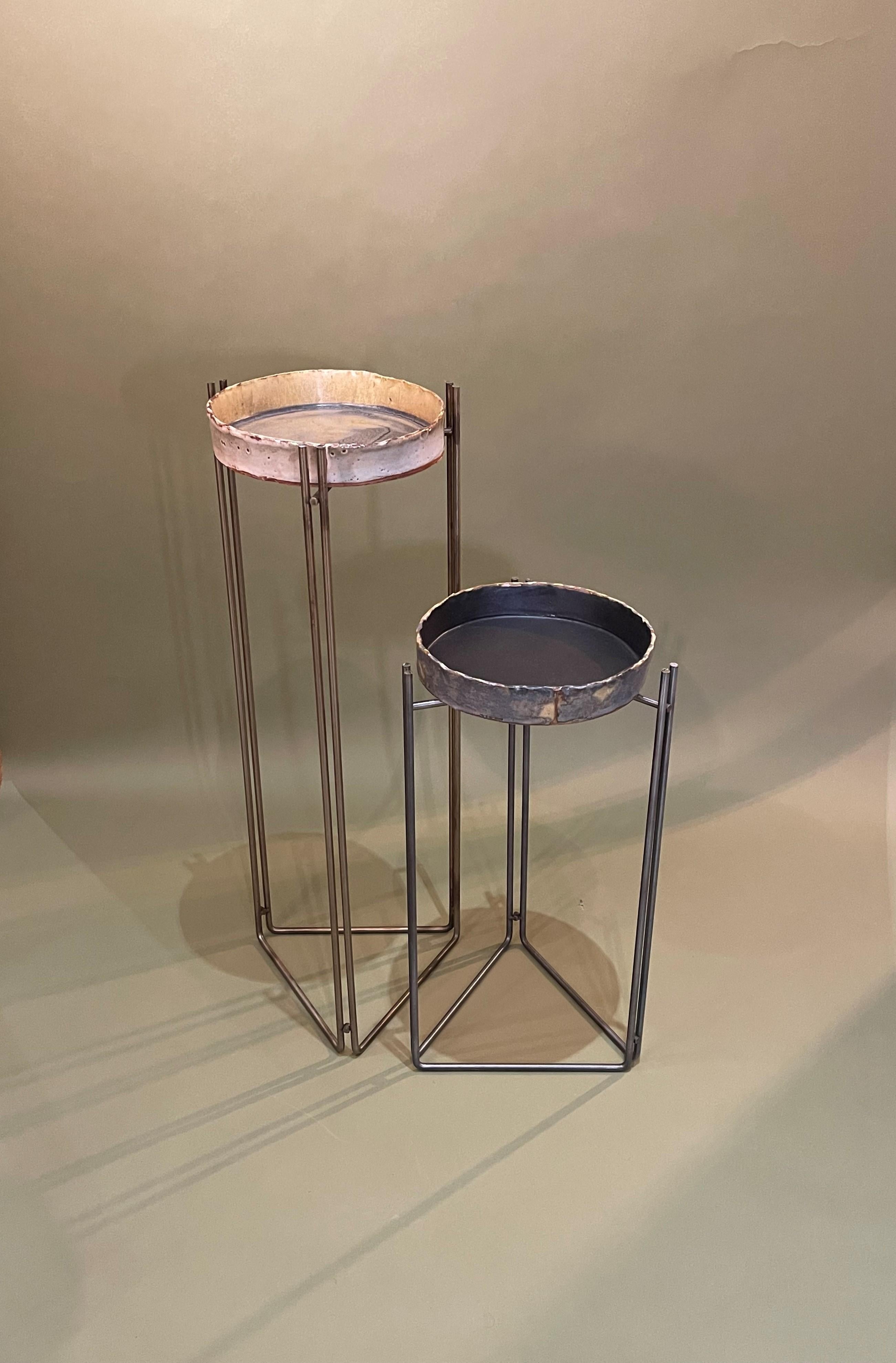 American Pair of Martini Tables Ceramic Top & S Steel by Hannelore Freer and Filipe Ramos