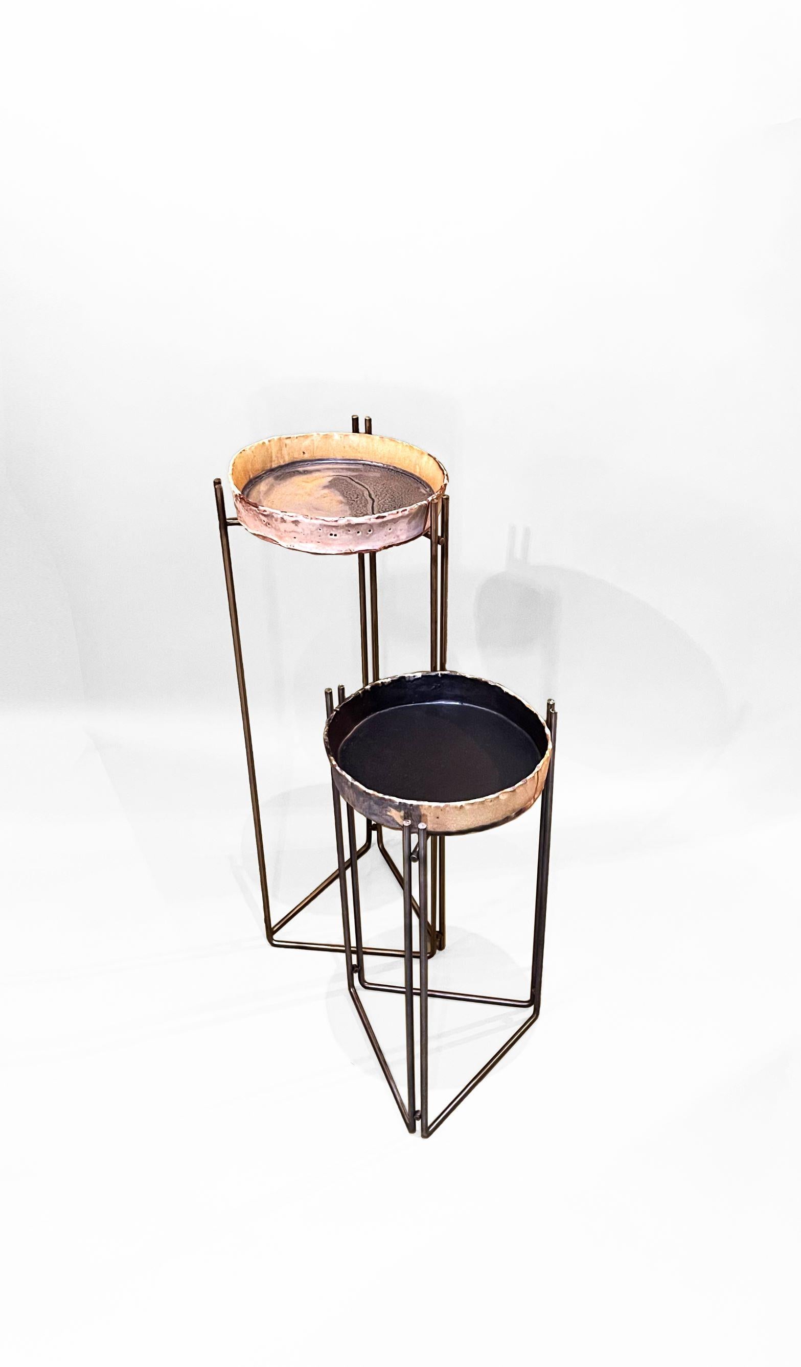 Hand-Painted Pair of Martini Tables Ceramic Top & S Steel by Hannelore Freer and Filipe Ramos For Sale