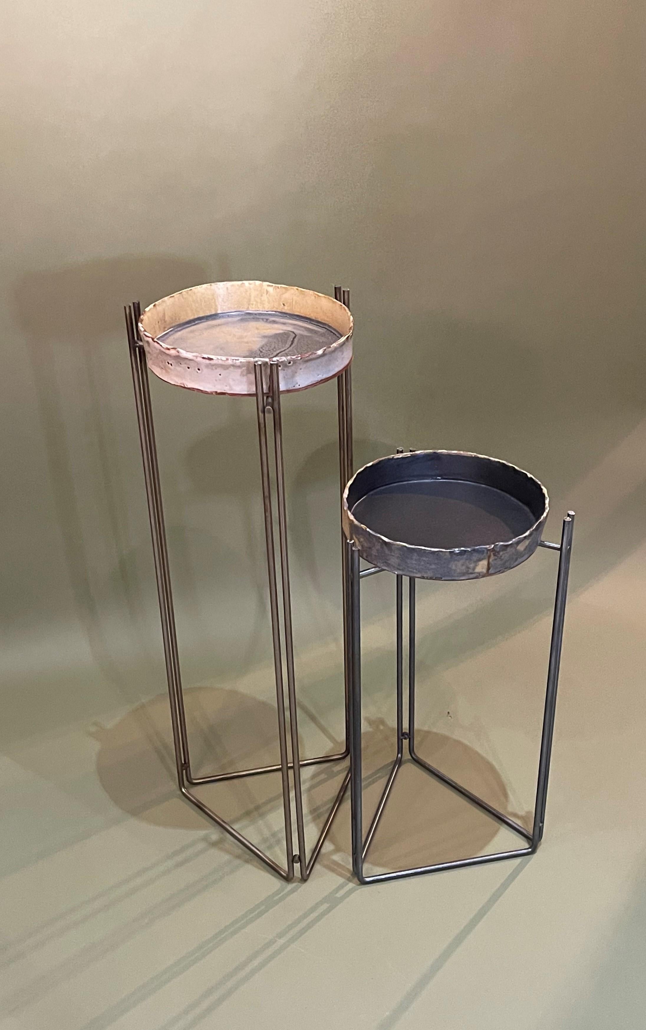 Contemporary Pair of Martini Tables Ceramic Top & S Steel by Hannelore Freer and Filipe Ramos