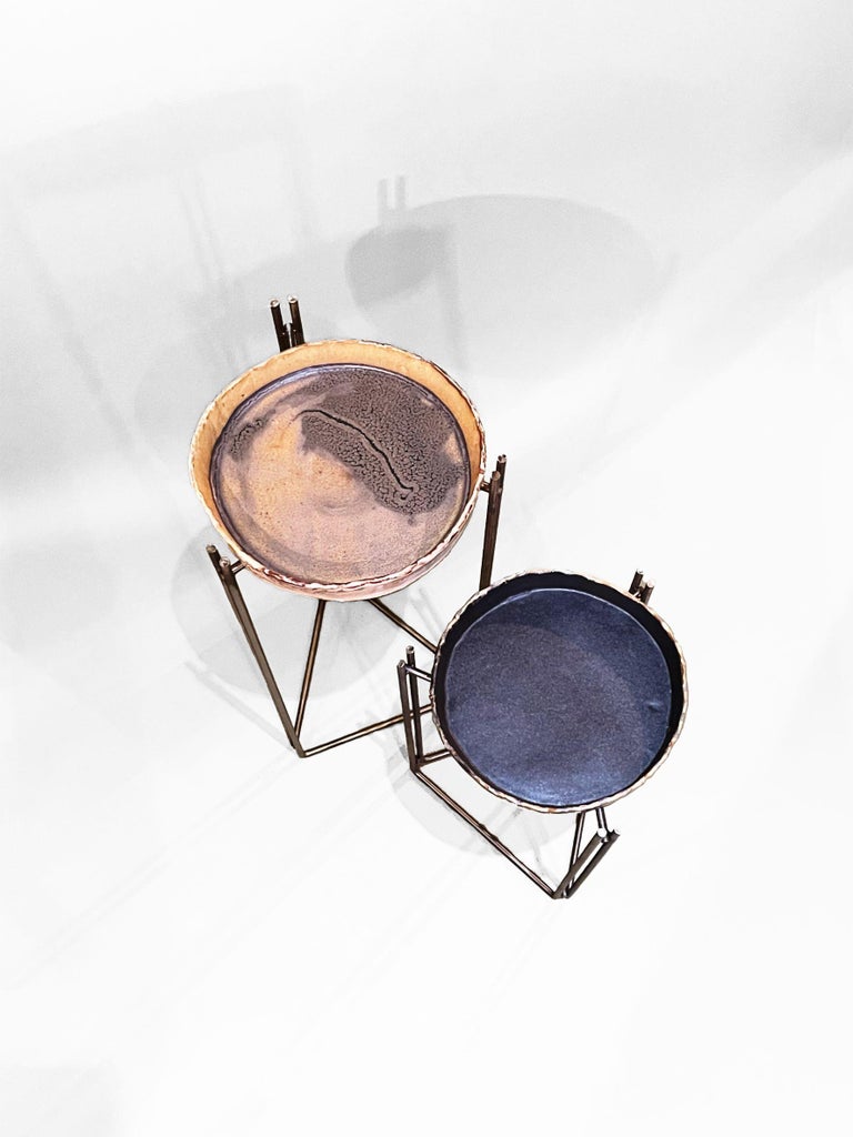 Pair of Martini Tables Ceramic Top & S Steel by Hannelore Freer and Filipe Ramos For Sale 1