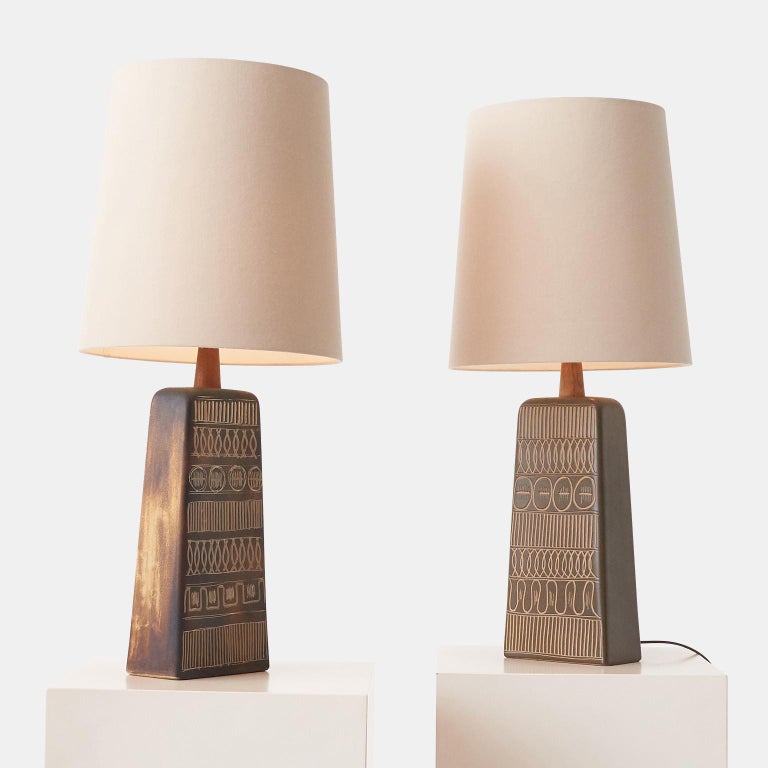 Modern Pair of Martz Table Lamps with Beautiful New Shades For Sale