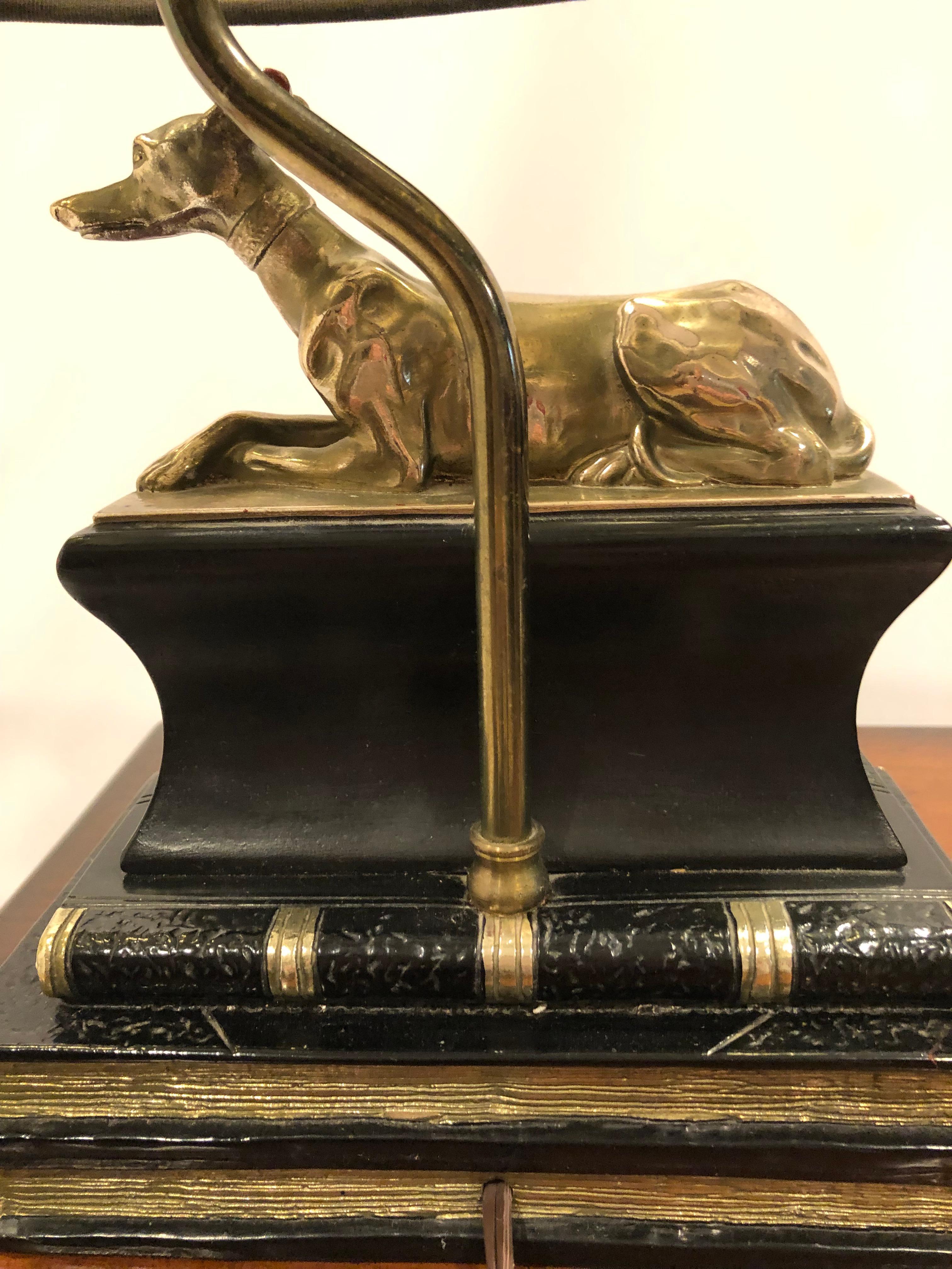 Pair of Marvelous Brass Greyhound Dog Table Lamps Resting on Leather Books For Sale 3