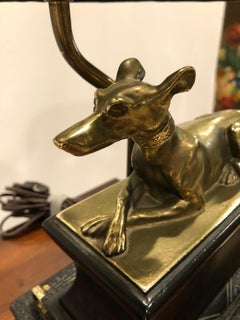 Pair of Marvelous Brass Greyhound Dog Table Lamps Resting on Leather Books