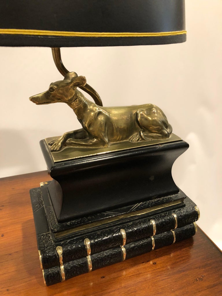 Pair of Marvelous Brass Greyhound Dog Table Lamps Resting on Leather