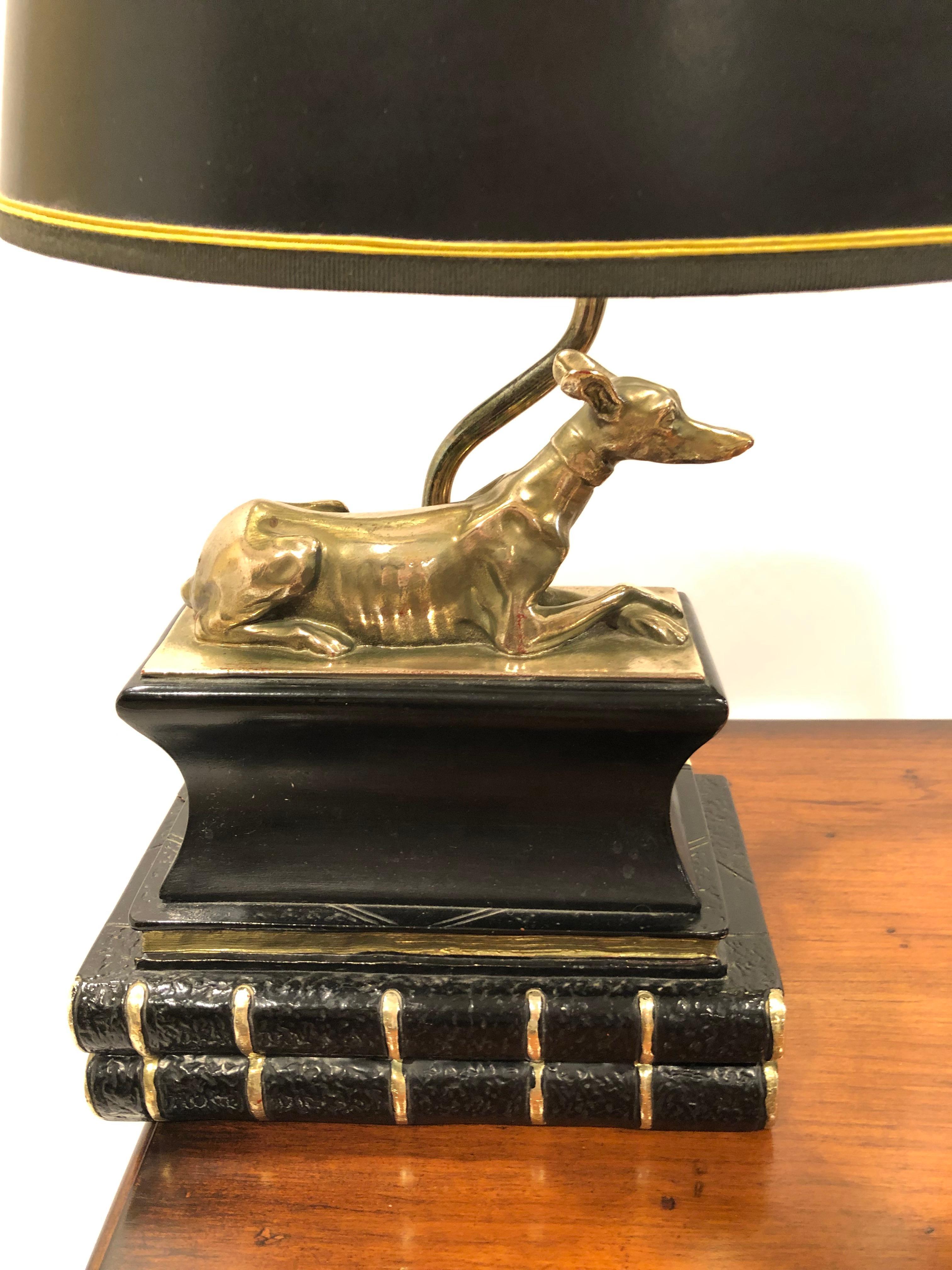 Regency Pair of Marvelous Brass Greyhound Dog Table Lamps Resting on Leather Books For Sale