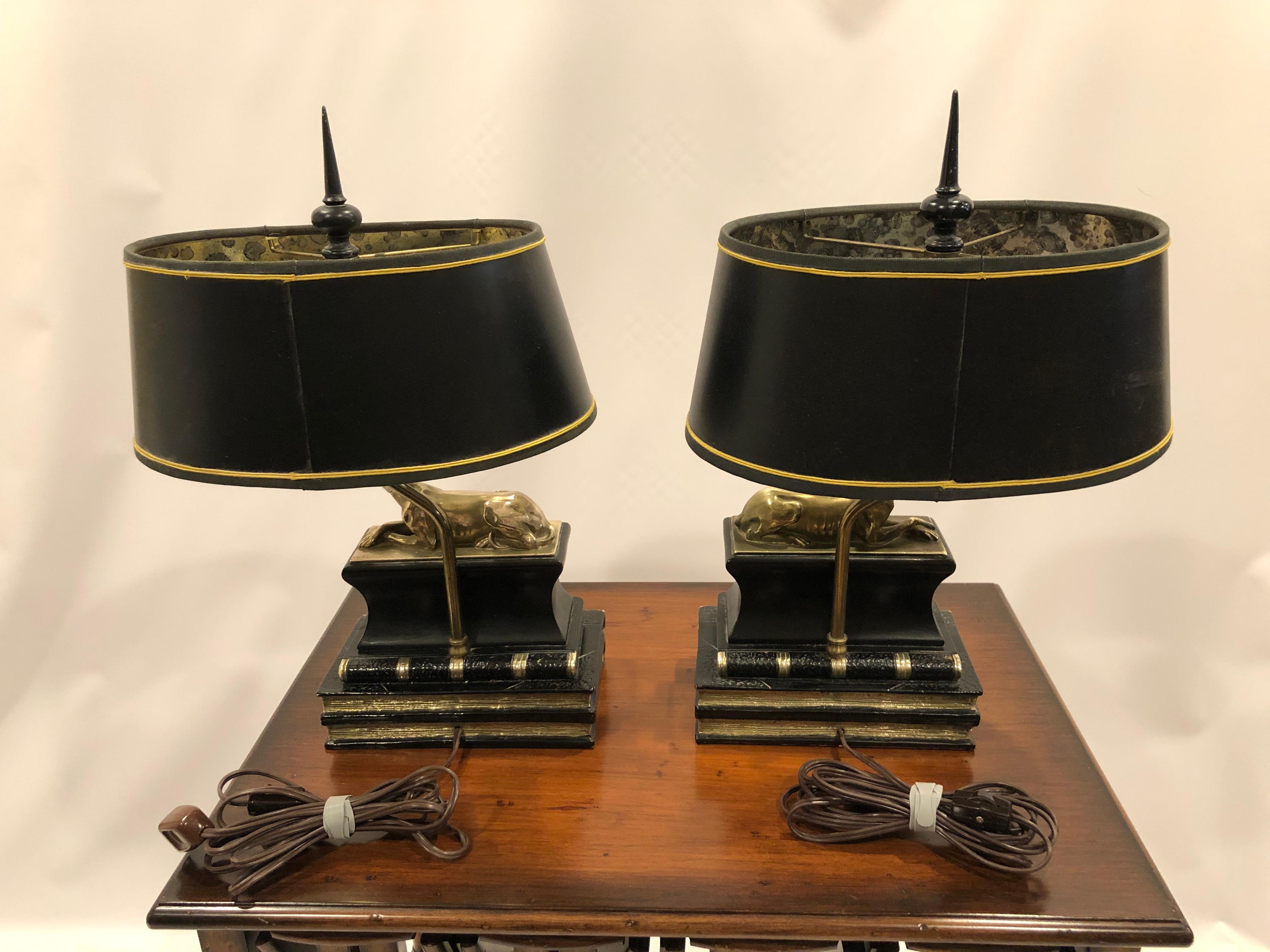Pair of Marvelous Brass Greyhound Dog Table Lamps Resting on Leather Books For Sale 1