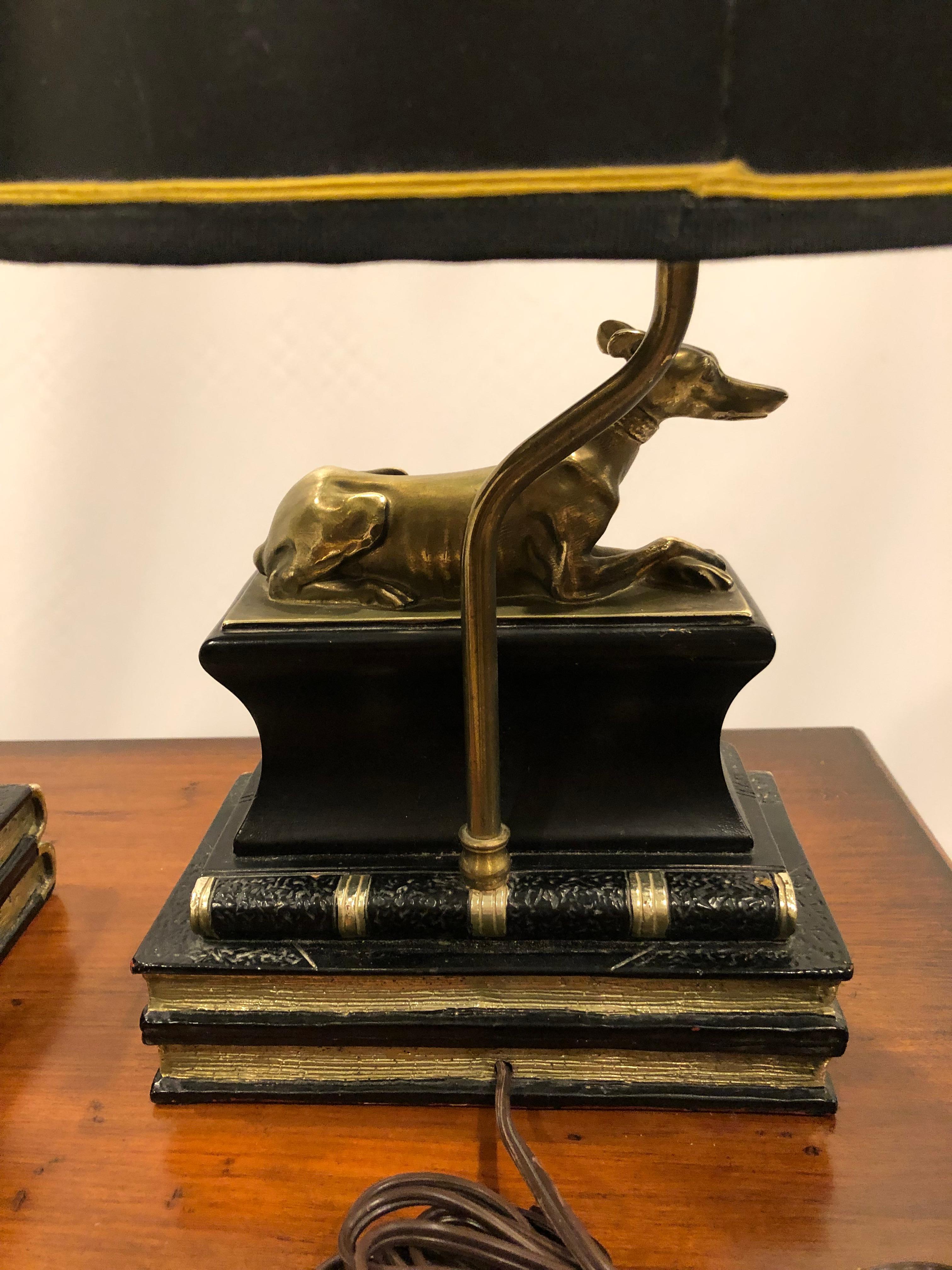 Pair of Marvelous Brass Greyhound Dog Table Lamps Resting on Leather Books For Sale 2