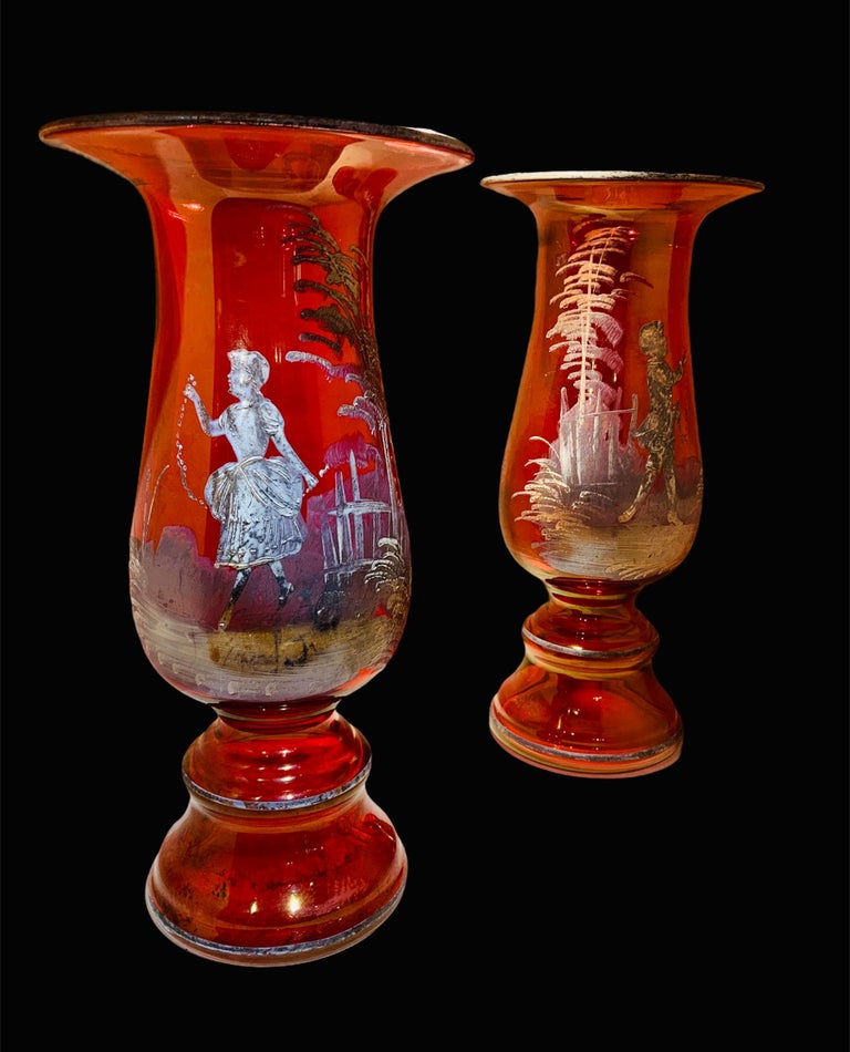 Pair of Mary Gregory Amber/Red Glass Hand Painted Enameled Vases For ...