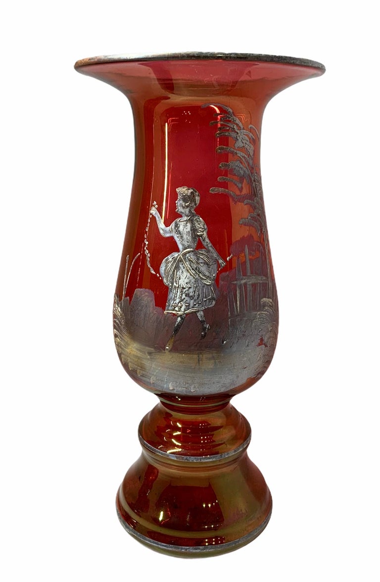 Pair of Mary Gregory Amber/Red Glass Hand Painted Enameled Vases For ...
