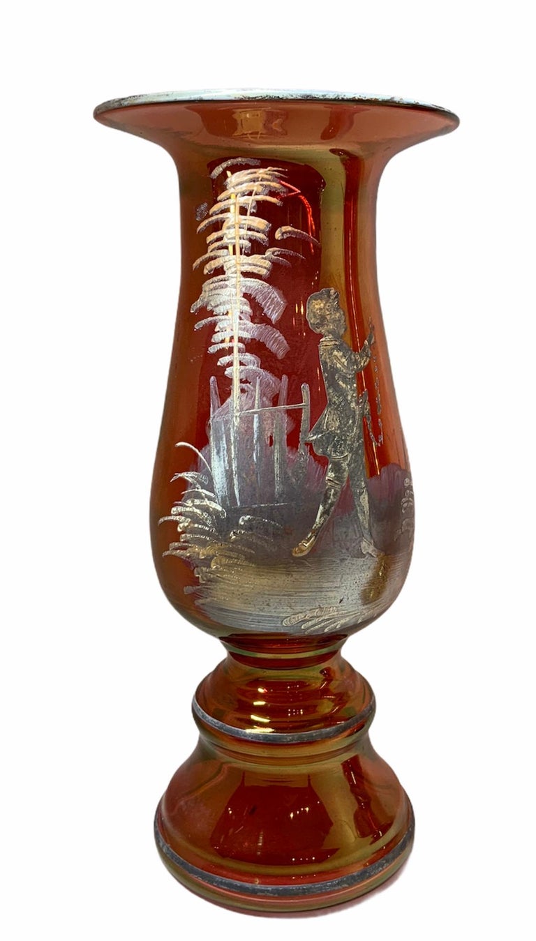Pair of Mary Gregory Amber/Red Glass Hand Painted Enameled Vases For ...