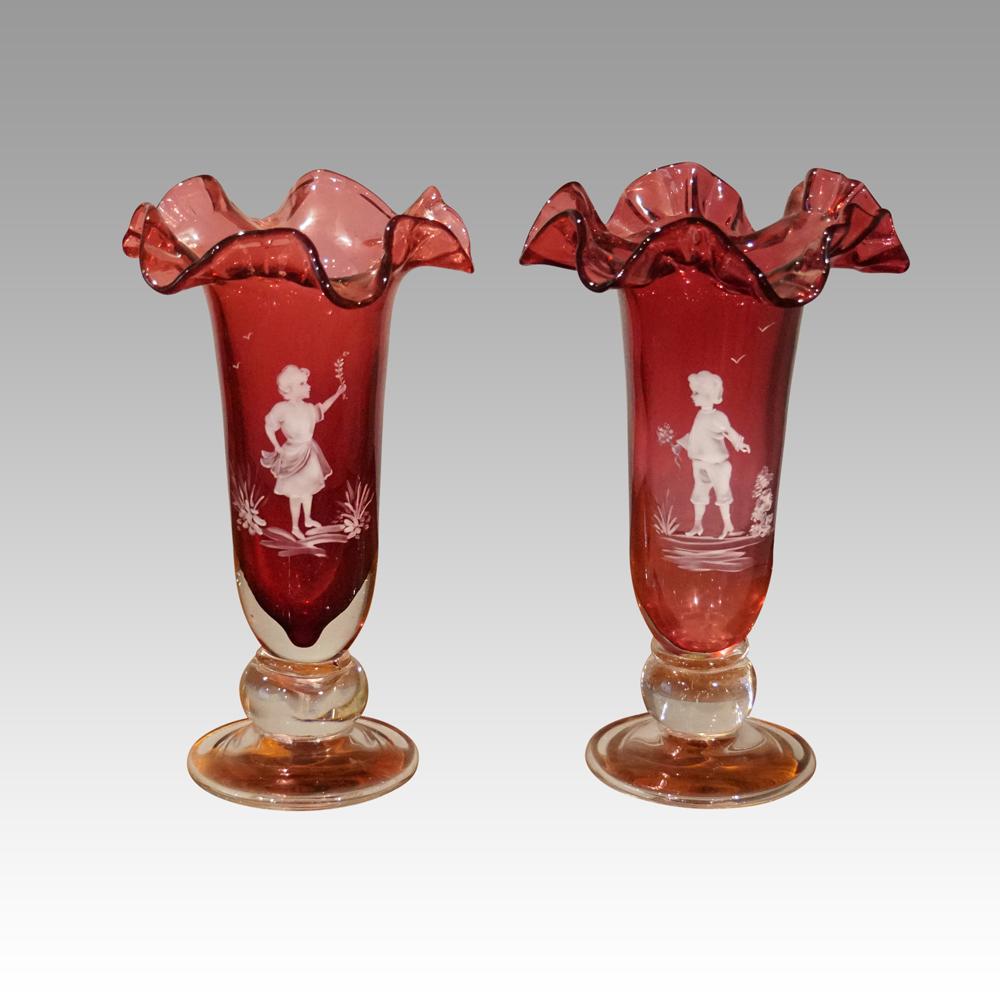 Edwardian Pair of Mary Gregory Cranberry Glass Vases For Sale