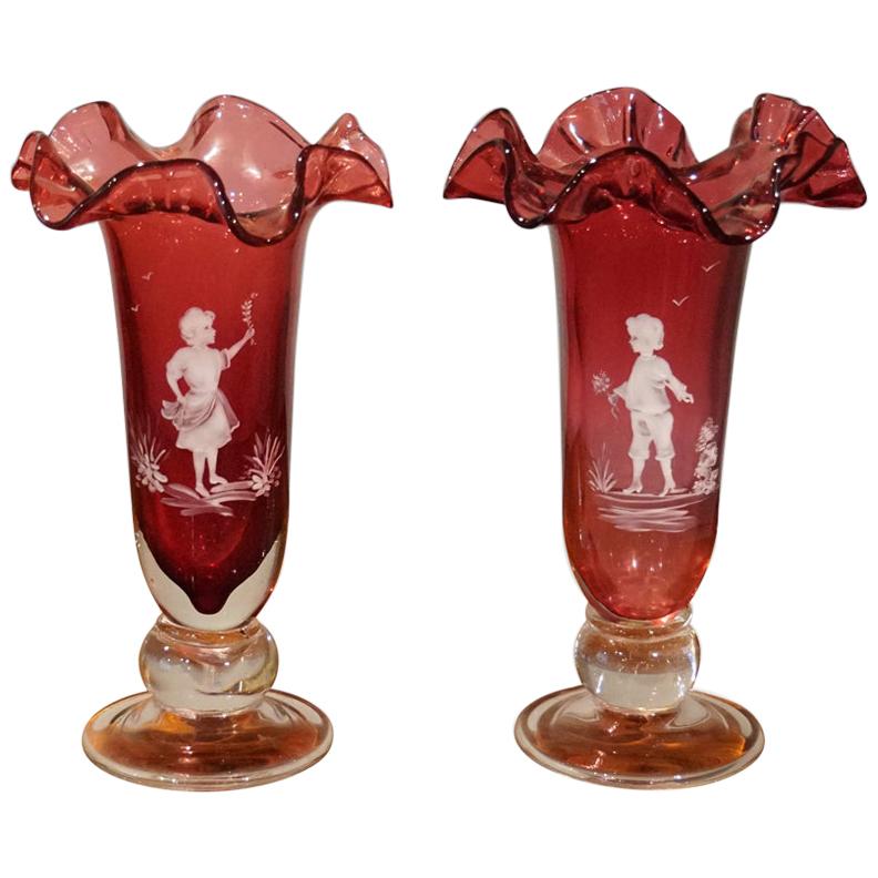 Pair of Mary Gregory Cranberry Glass Vases For Sale