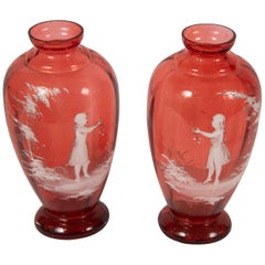 Antique Pair of Mary Gregory Cranberry Vases
