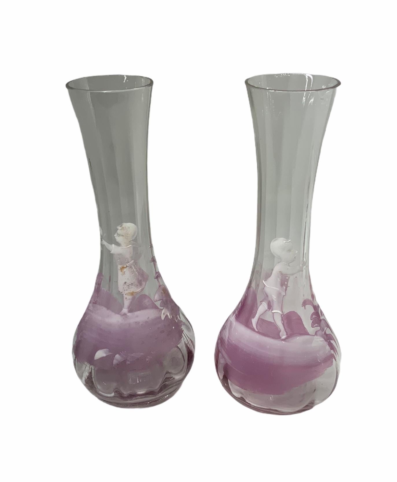 Victorian Pair of Mary Gregory Pink and Clear Glass Hand Painted Enameled Vases