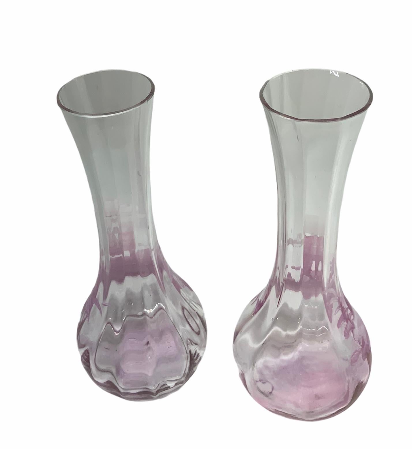 Czech Pair of Mary Gregory Pink and Clear Glass Hand Painted Enameled Vases