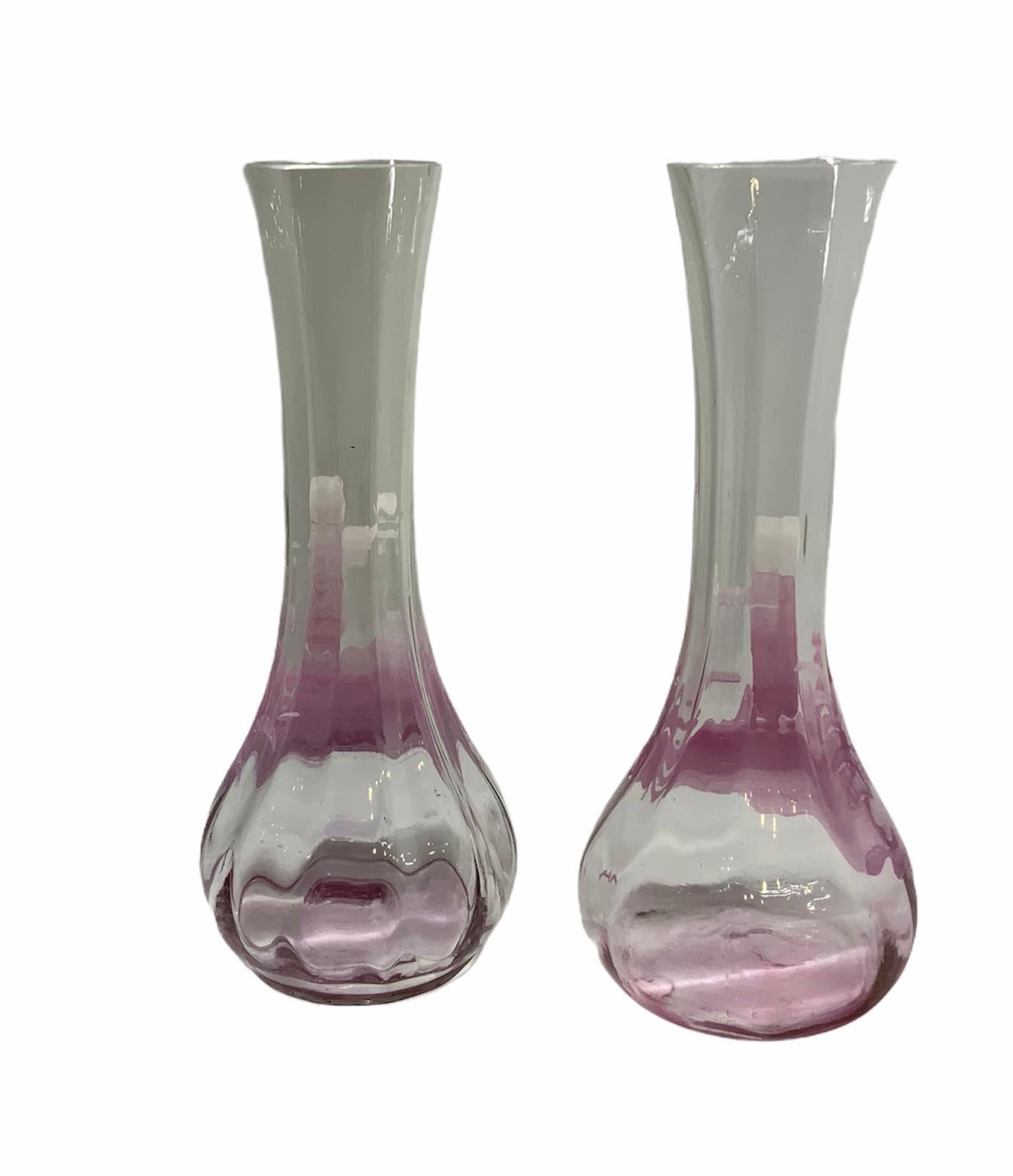 20th Century Pair of Mary Gregory Pink and Clear Glass Hand Painted Enameled Vases