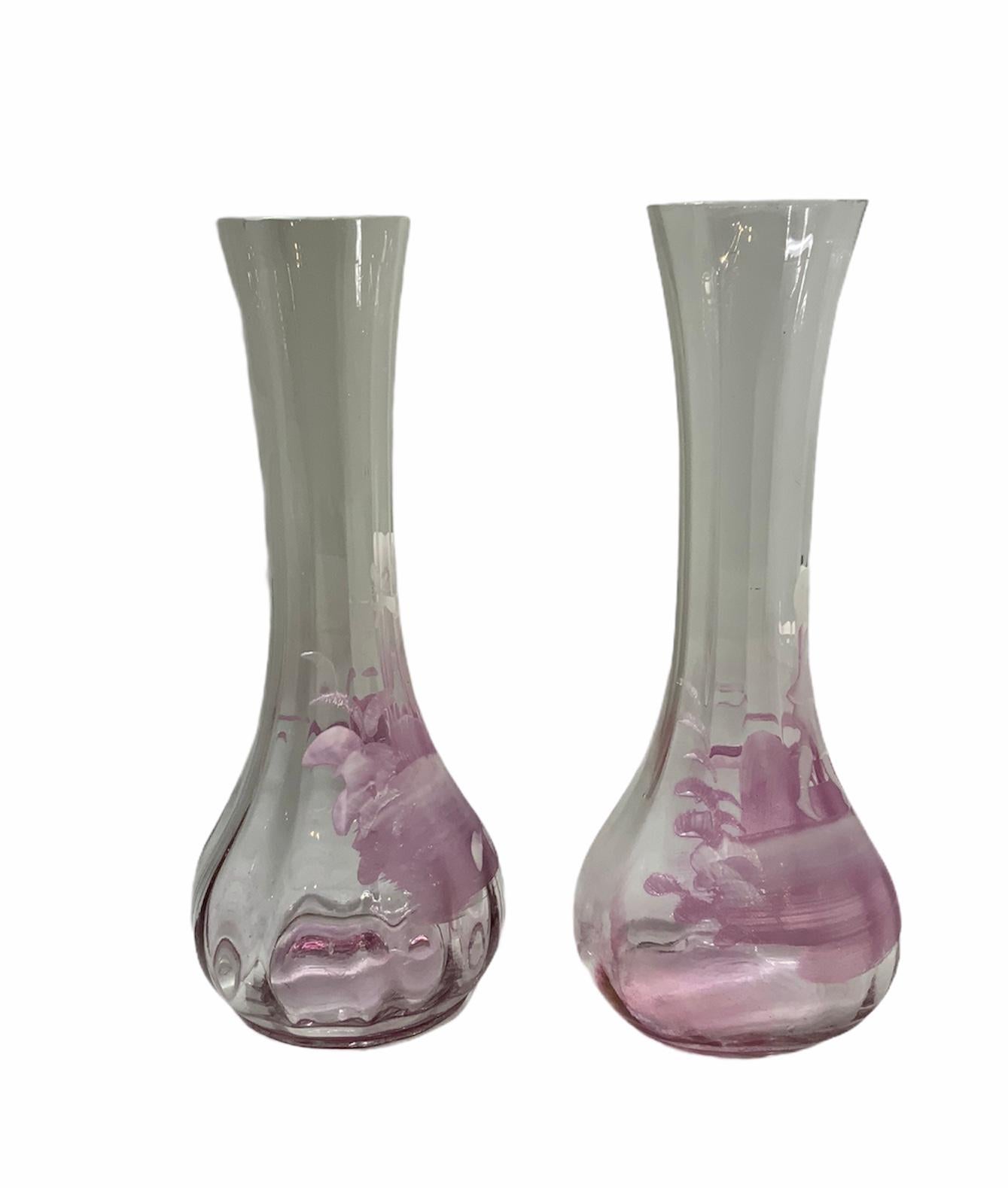 Pair of Mary Gregory Pink and Clear Glass Hand Painted Enameled Vases 2