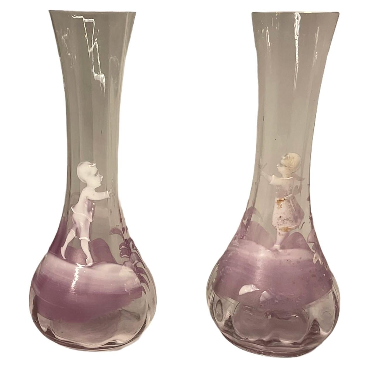 Pair of Mary Gregory Pink and Clear Glass Hand Painted Enameled Vases
