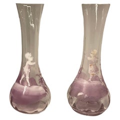 Antique Pair of Mary Gregory Pink and Clear Glass Hand Painted Enameled Vases