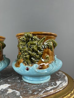 Pair Of Mascaron-decorated Earthenware Cachepots, 19th Century