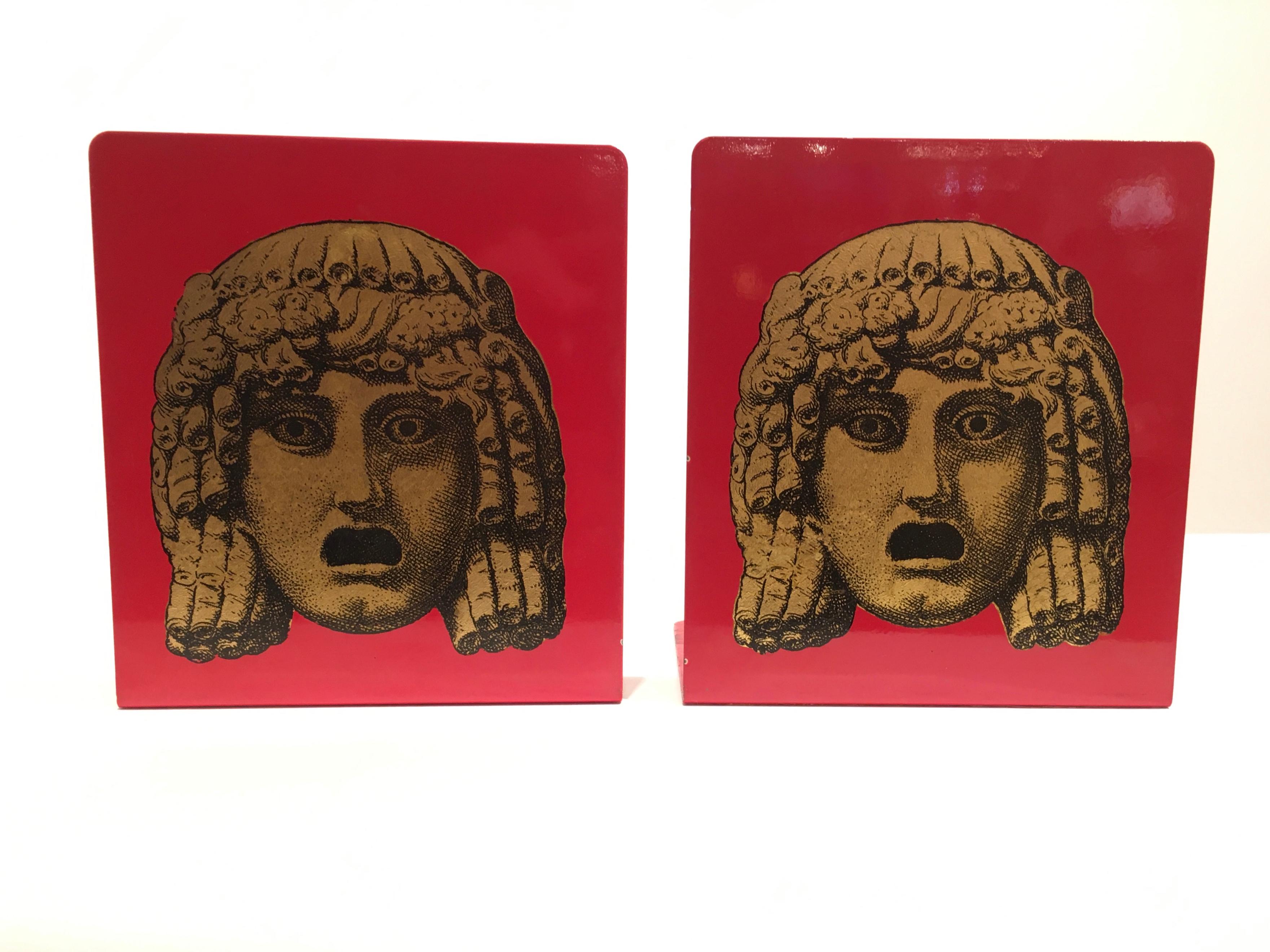 Felt Pair of 'Maschere' (Masks) Bookends by Piero Fornasetti, Italy, circa 1950 For Sale
