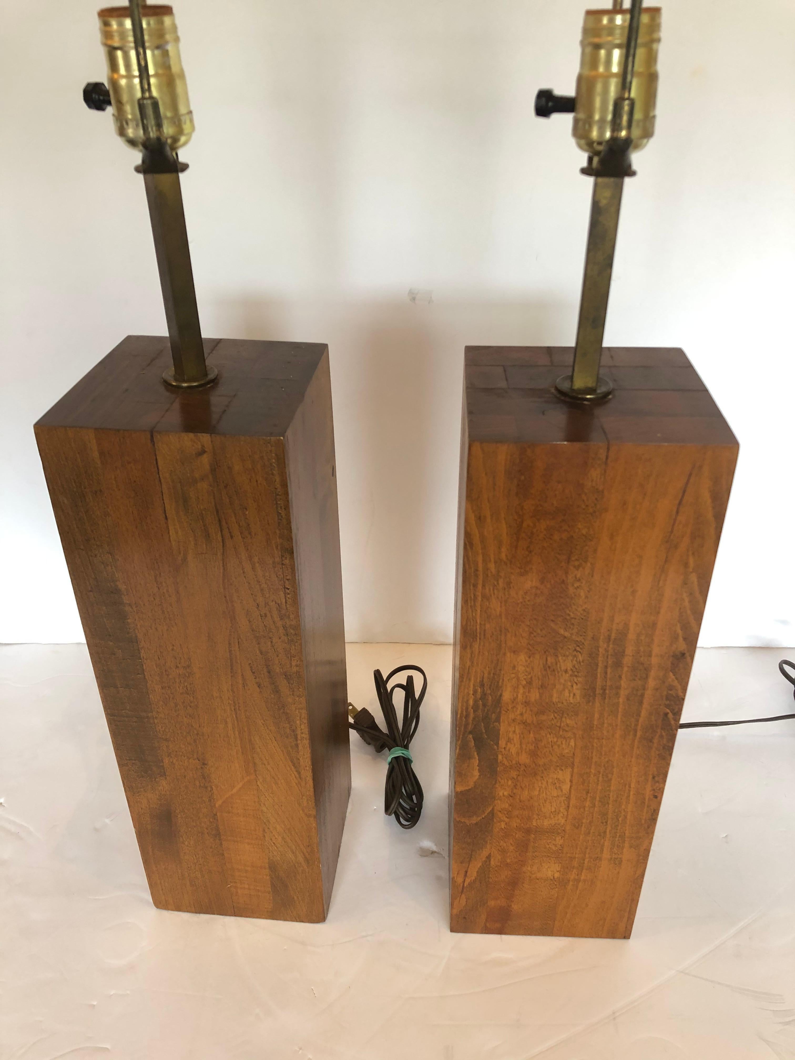 Pair of Masculine Walnut Block Form Mid-Century Modern Table Lamps 2