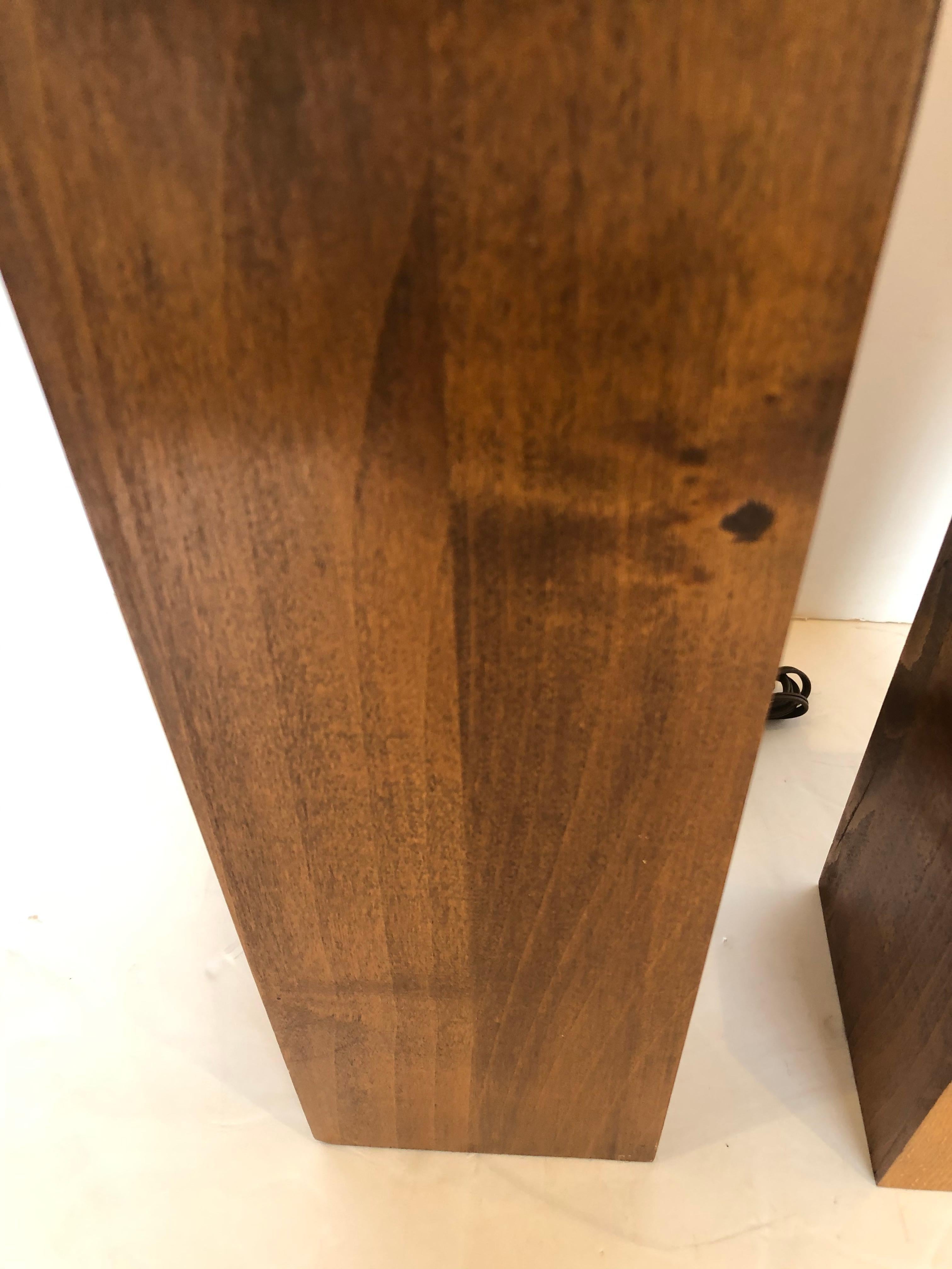 Brass Pair of Masculine Walnut Block Form Mid-Century Modern Table Lamps